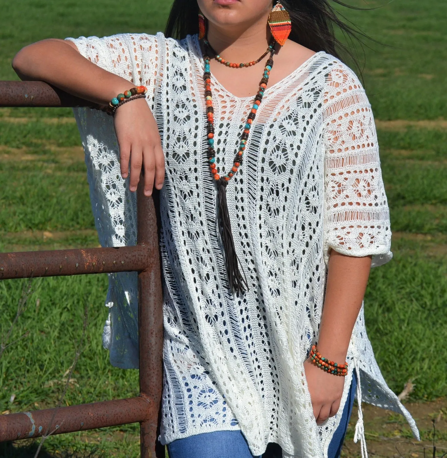 Multi-Colored Turquoise Necklace with Wood Beads and Leather Tassel 236B