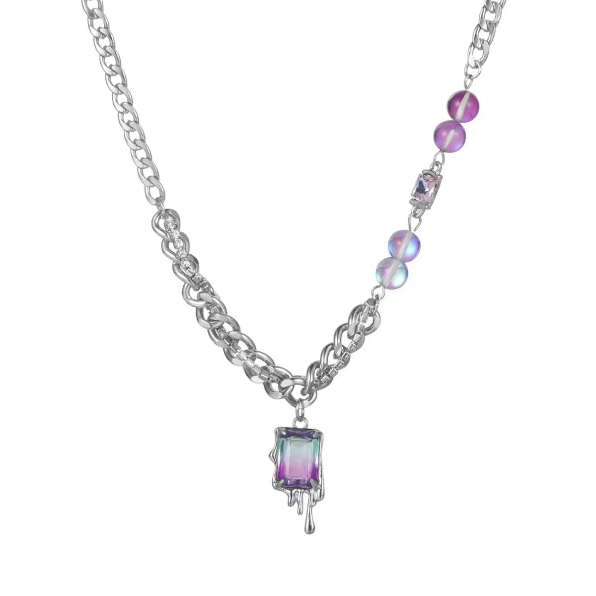 N21 Pink Square Crystal Pendant Beaded Necklace