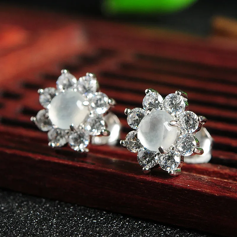 Natural Jade Earrings Jadeite Silver Flower Earrings WE14