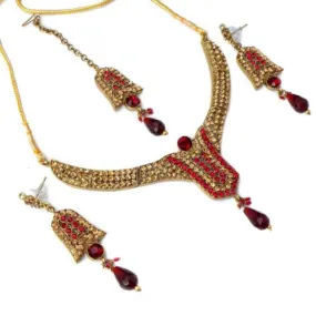 Necklace Set 7374 Golden Gold Red CZ Ornate Necklace Earrings Forehead Jewelry Set