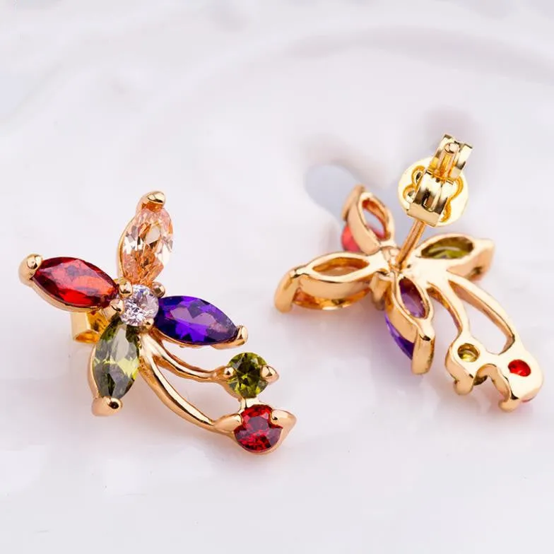 New Arrival 18k Gold Flower Stud Earrings with Colorful Zircon Crystal Women Wedding Jewelry