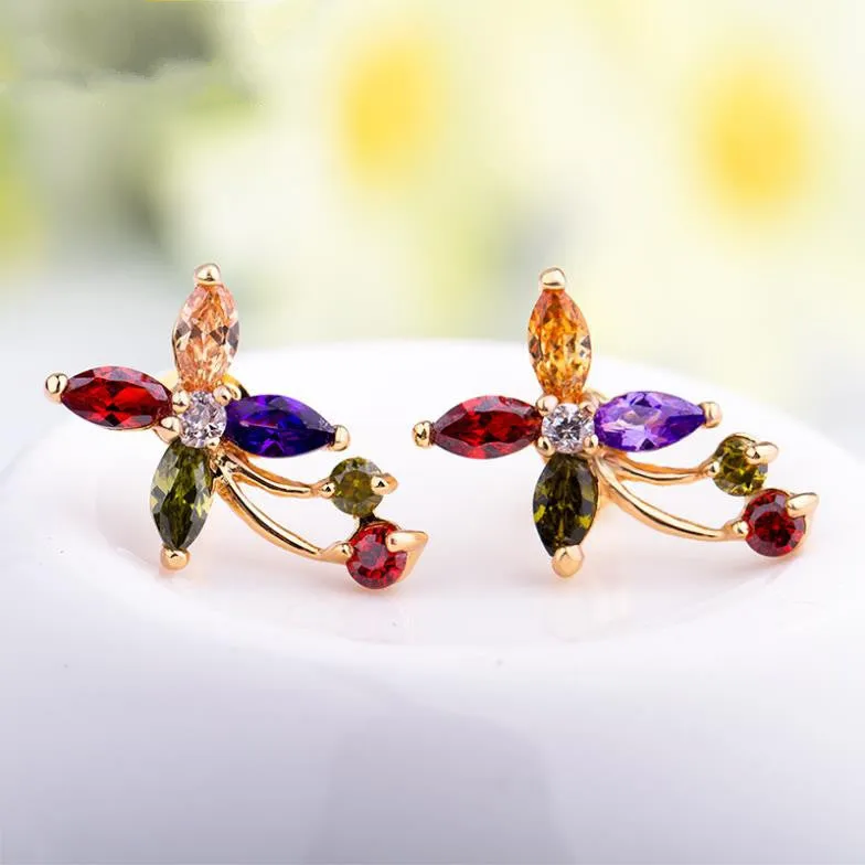 New Arrival 18k Gold Flower Stud Earrings with Colorful Zircon Crystal Women Wedding Jewelry