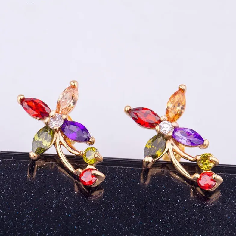 New Arrival 18k Gold Flower Stud Earrings with Colorful Zircon Crystal Women Wedding Jewelry