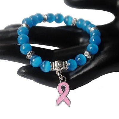 New Breast Cancer Awareness pink ribbon charm bracelet 5 color cat eye opal 8mm beads bracelets & bangle XY160374