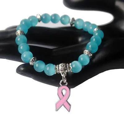 New Breast Cancer Awareness pink ribbon charm bracelet 5 color cat eye opal 8mm beads bracelets & bangle XY160374