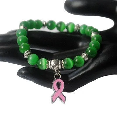 New Breast Cancer Awareness pink ribbon charm bracelet 5 color cat eye opal 8mm beads bracelets & bangle XY160374