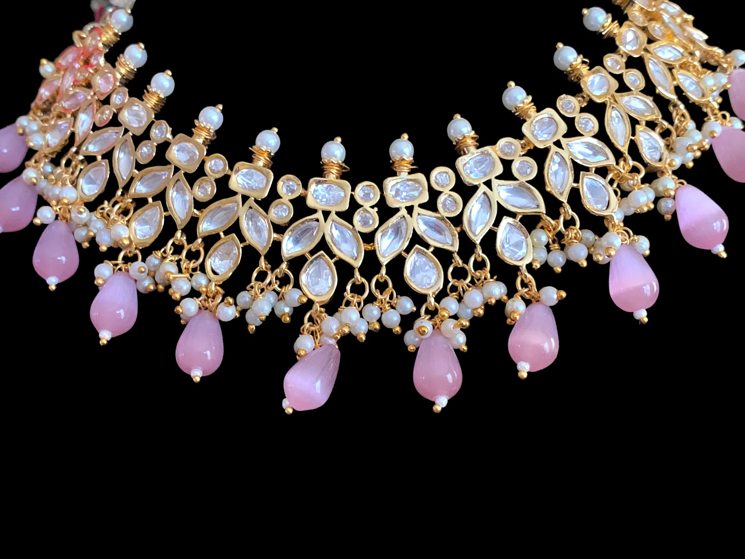 NS356 high quality polki necklace in pearls  and pink   beads ( READY TO SHIP)