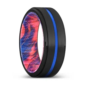 OBLIVION | Blue & Red Wood, Black Tungsten Ring, Blue Groove, Stepped Edge