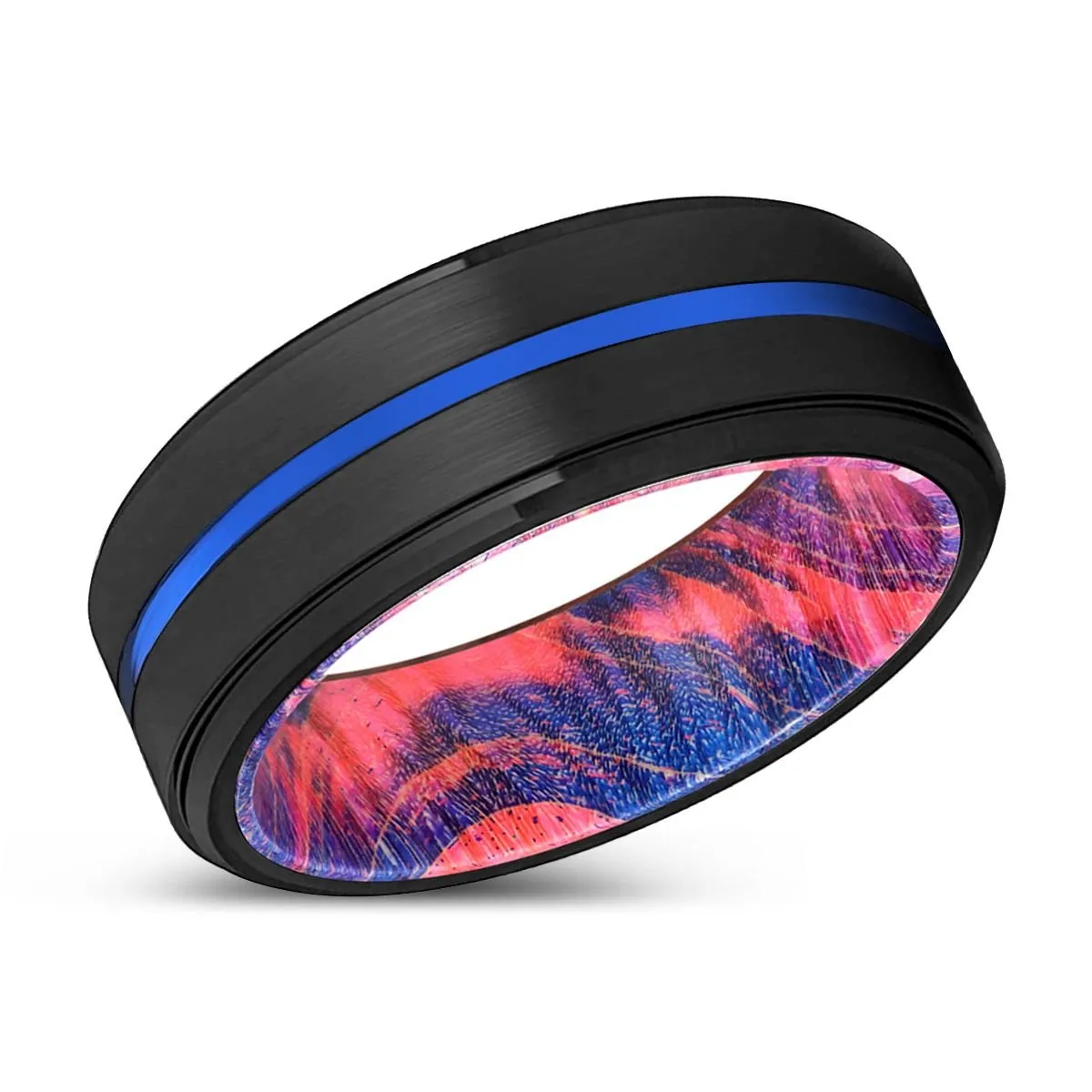 OBLIVION | Blue & Red Wood, Black Tungsten Ring, Blue Groove, Stepped Edge