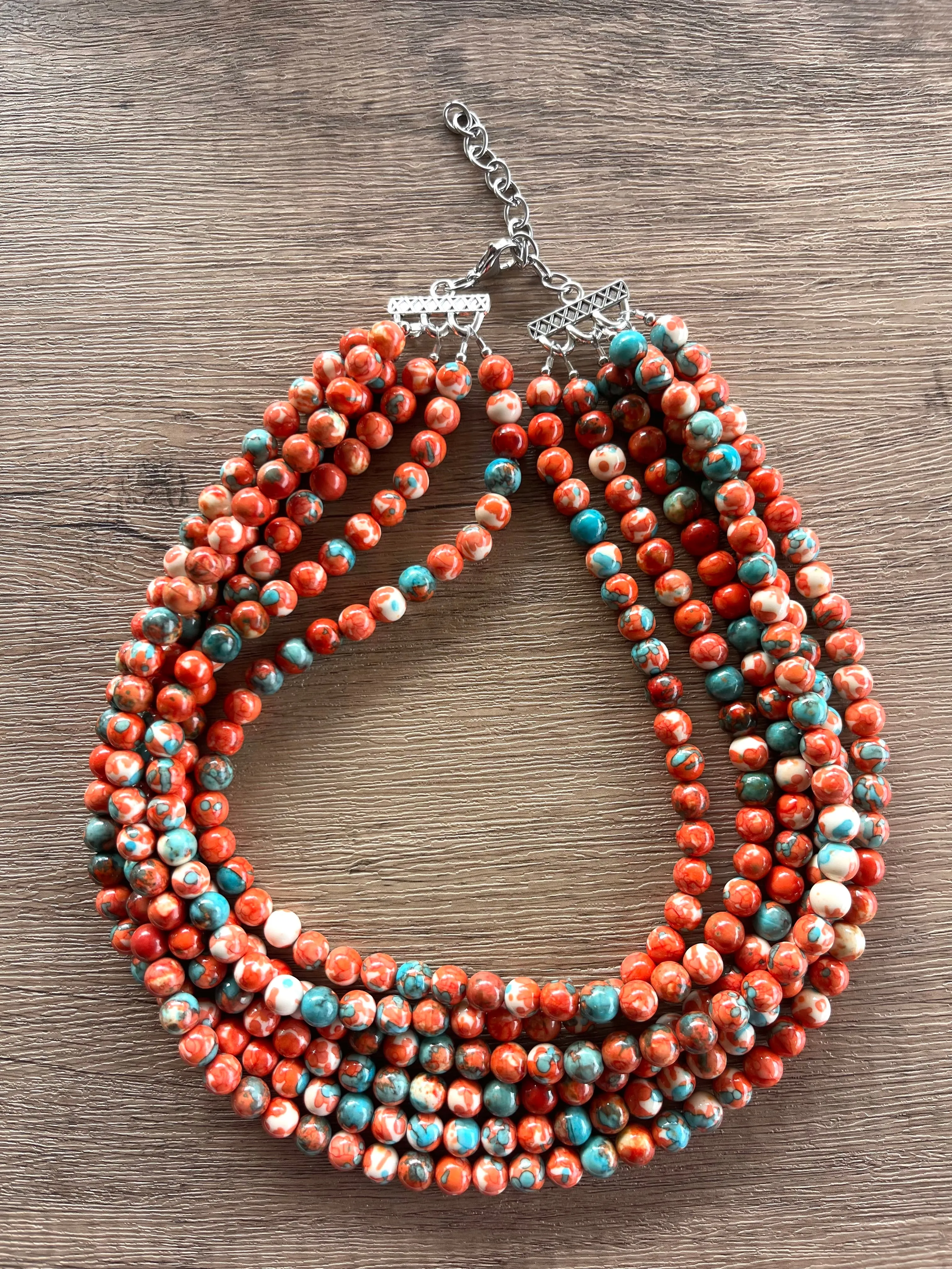 Orange Teal Beaded Chunky Stone Multi Strand Statement Necklace - Michelle