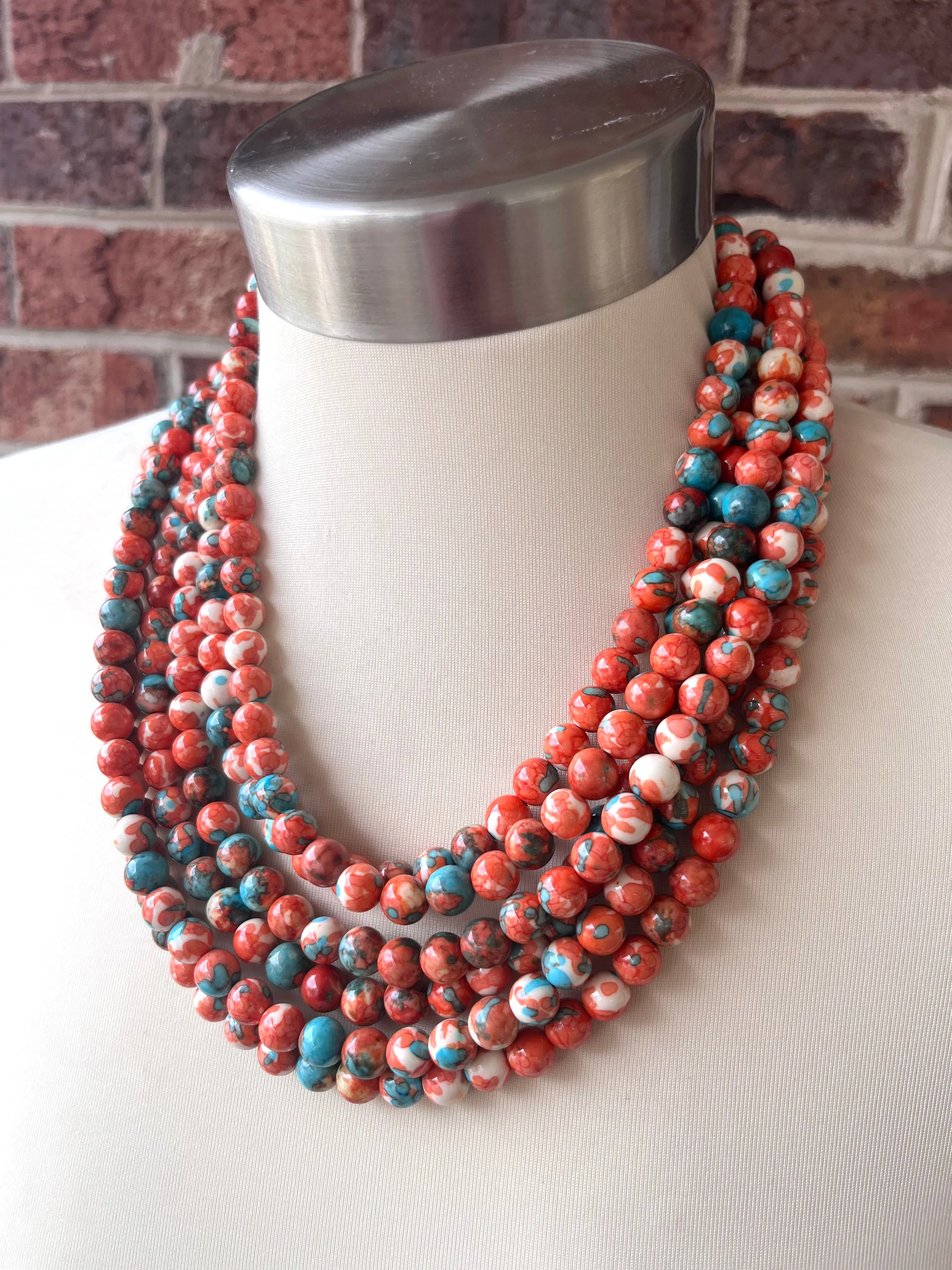 Orange Teal Beaded Chunky Stone Multi Strand Statement Necklace - Michelle