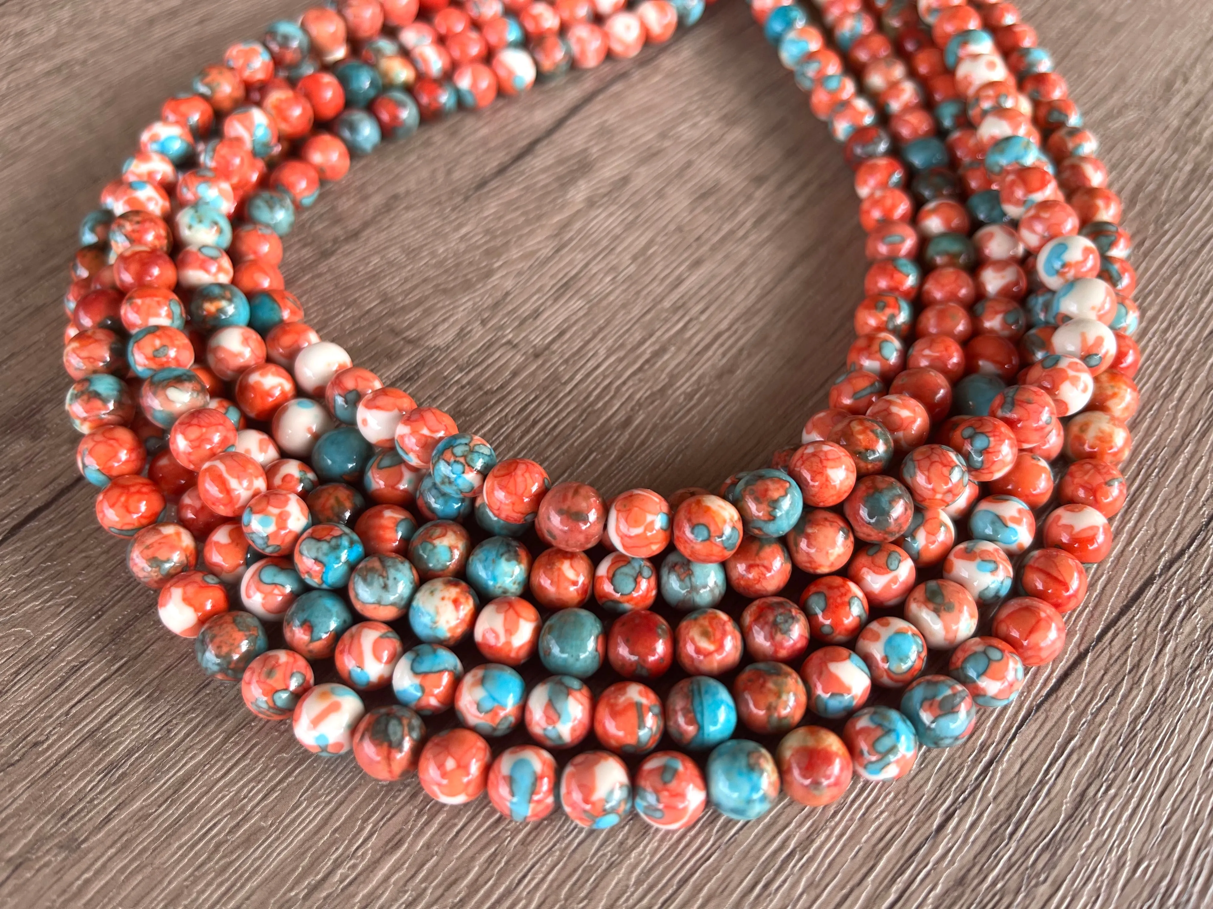 Orange Teal Beaded Chunky Stone Multi Strand Statement Necklace - Michelle