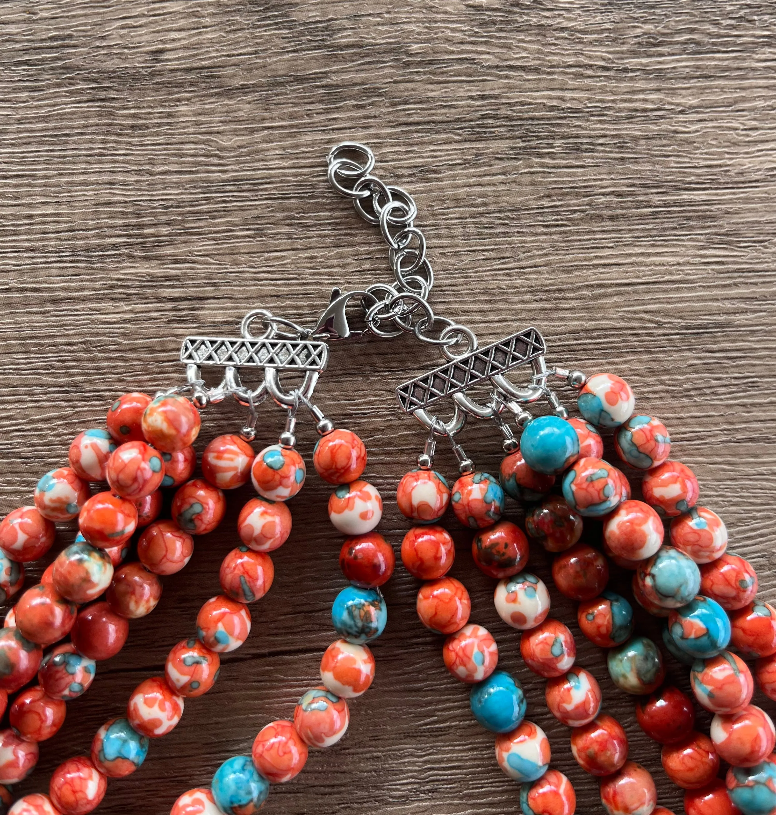 Orange Teal Beaded Chunky Stone Multi Strand Statement Necklace - Michelle