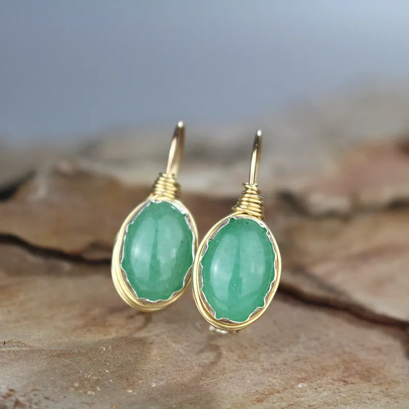 Oval Aventurine Wire Wrapped Earrings