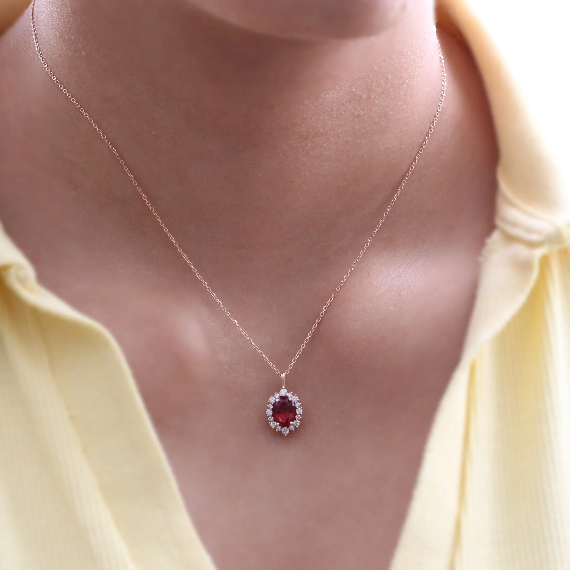 Oval Ruby Diamond Necklace in 14k Gold Tiara Halo Pendant Chain