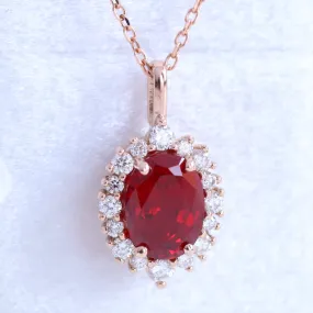 Oval Ruby Diamond Necklace in 14k Gold Tiara Halo Pendant Chain