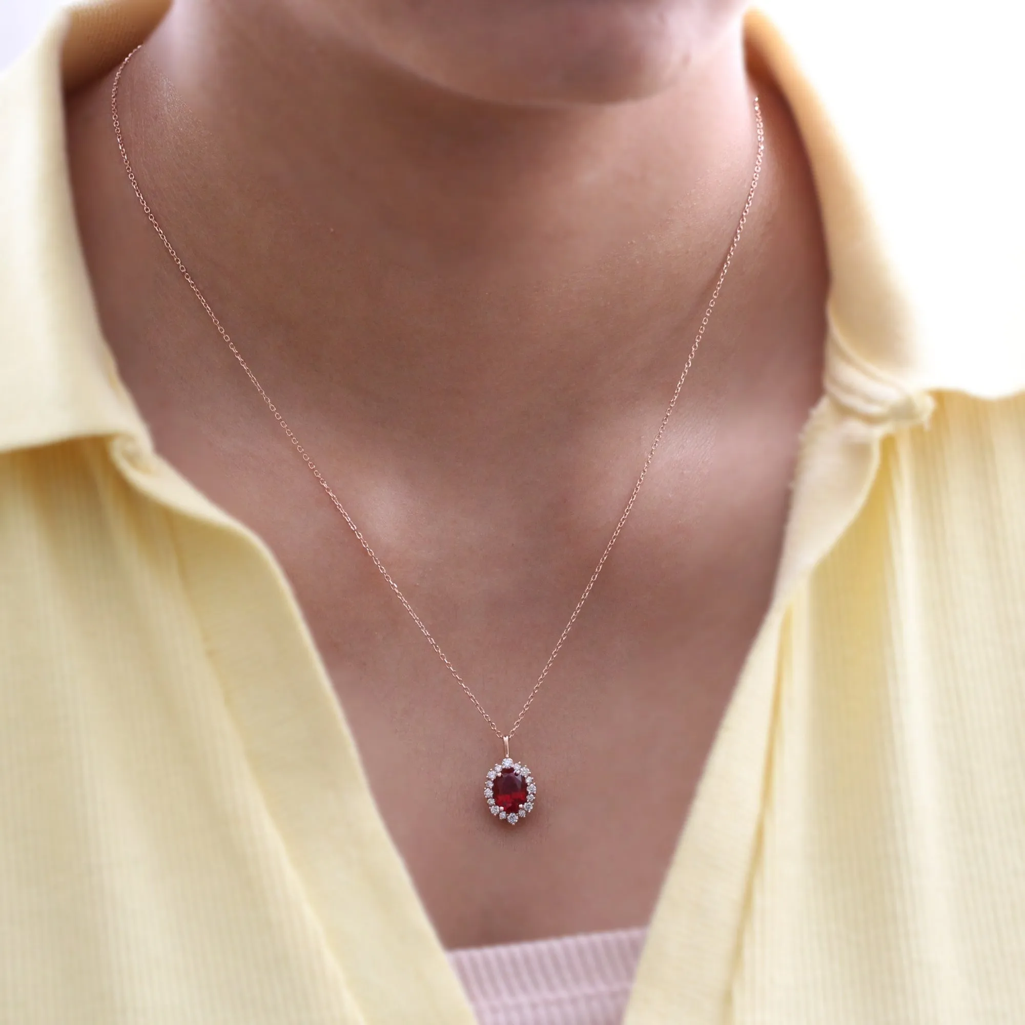 Oval Ruby Diamond Necklace in 14k Gold Tiara Halo Pendant Chain