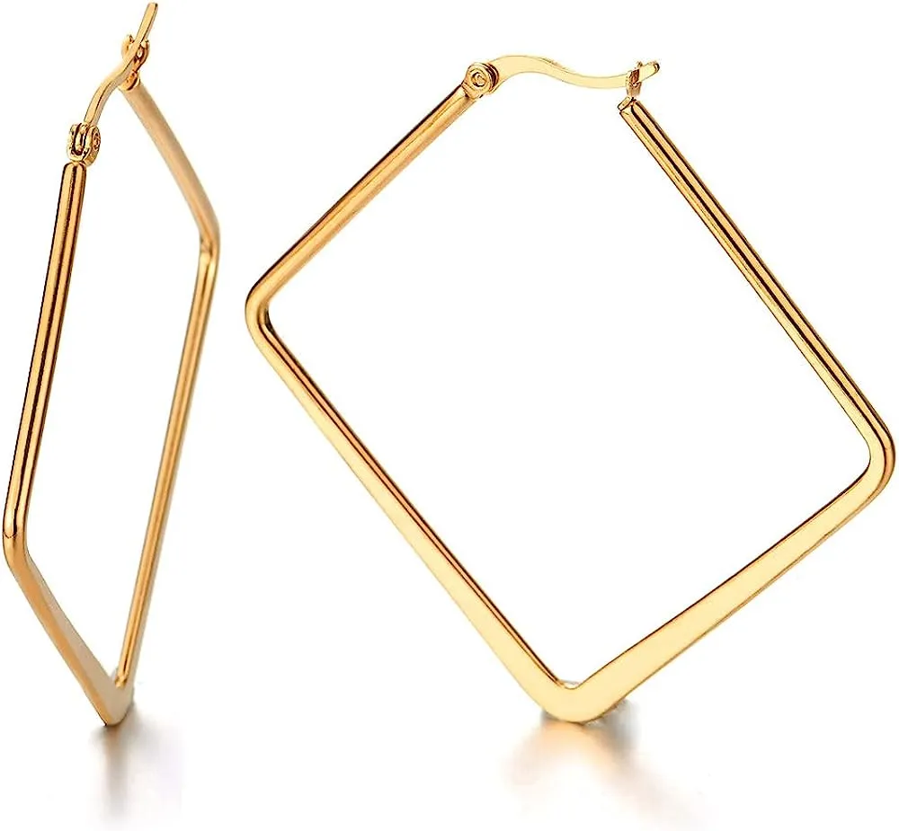 Pair Stainless Steel Gold Square Huggie Earrings for Women Girls