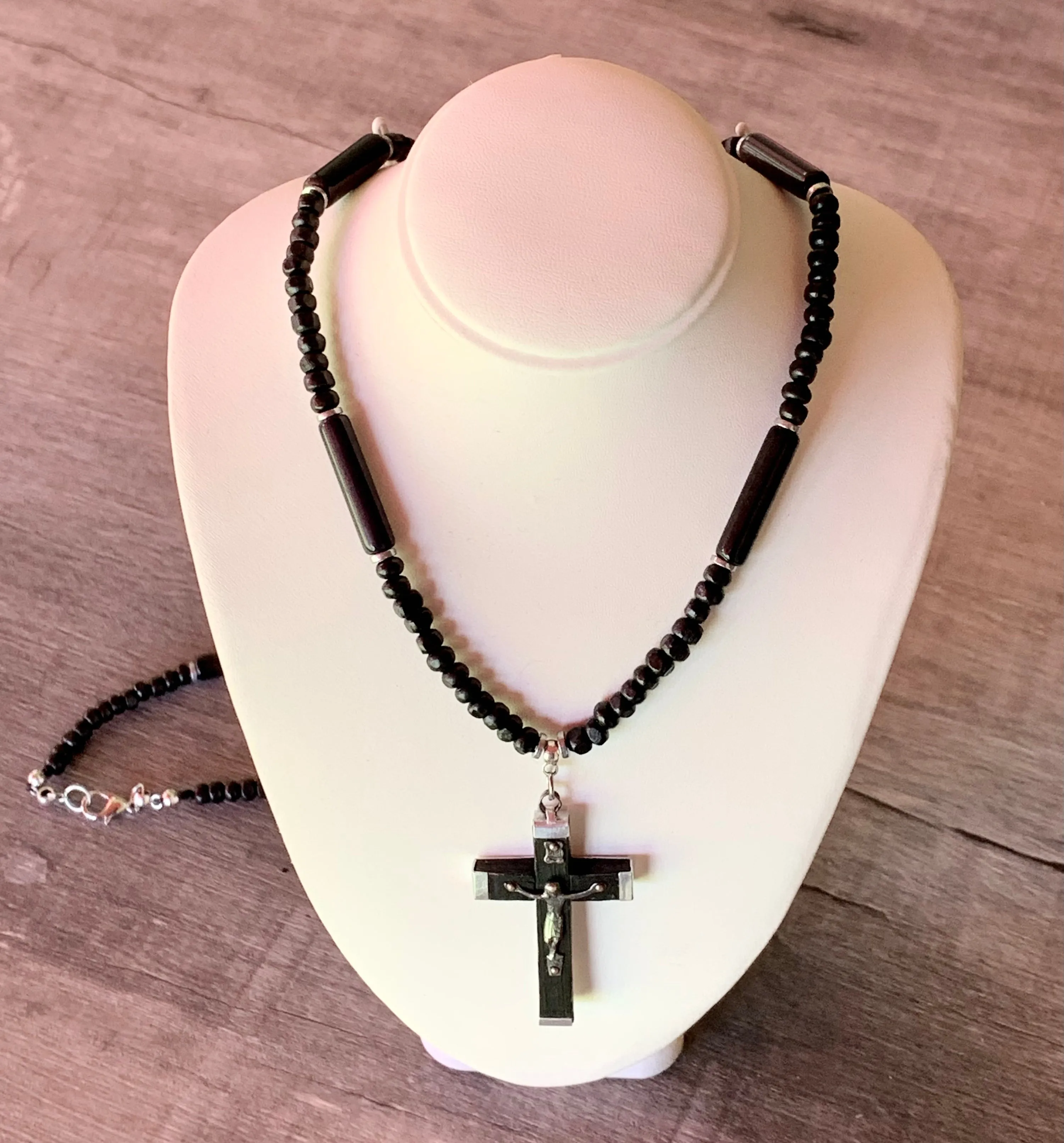 Paulo Handmade Cats Eye, Wood, and Hematite 30" Necklace with a Vintage Cross