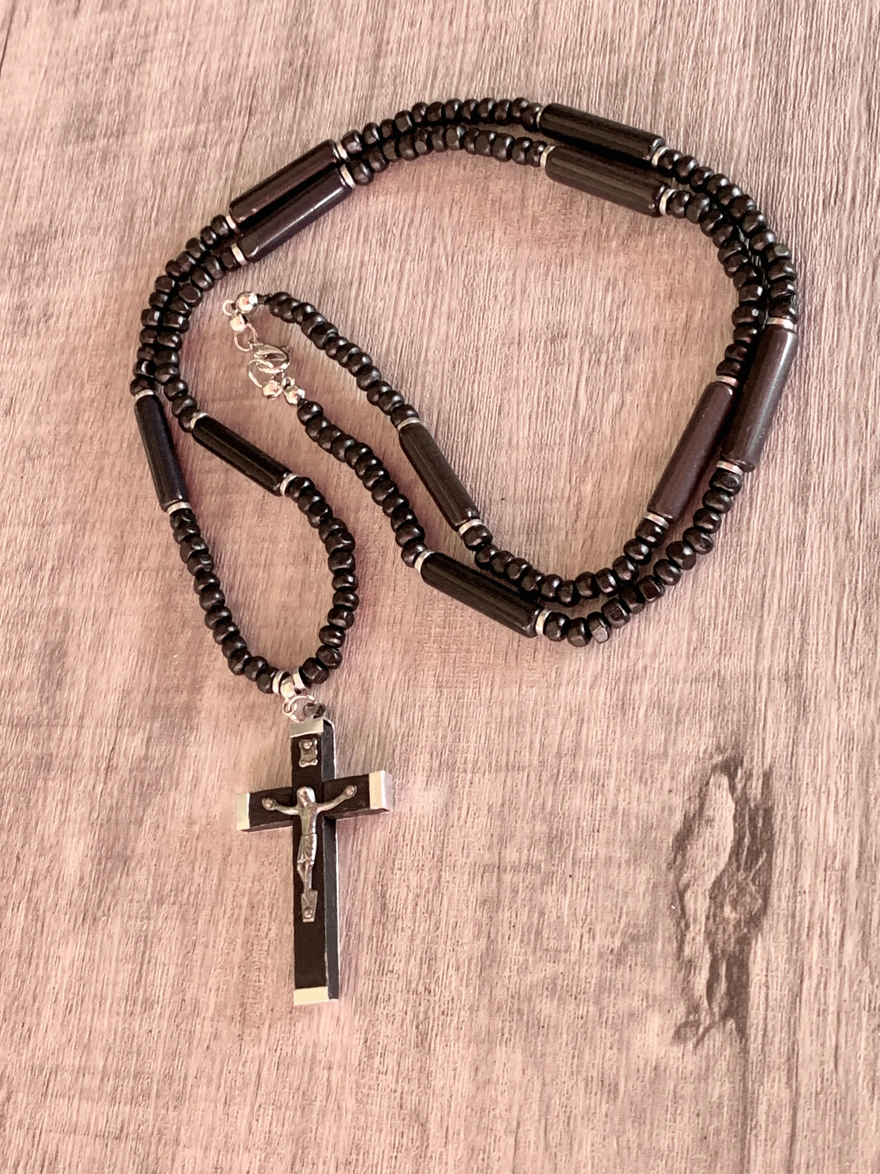 Paulo Handmade Cats Eye, Wood, and Hematite 30" Necklace with a Vintage Cross