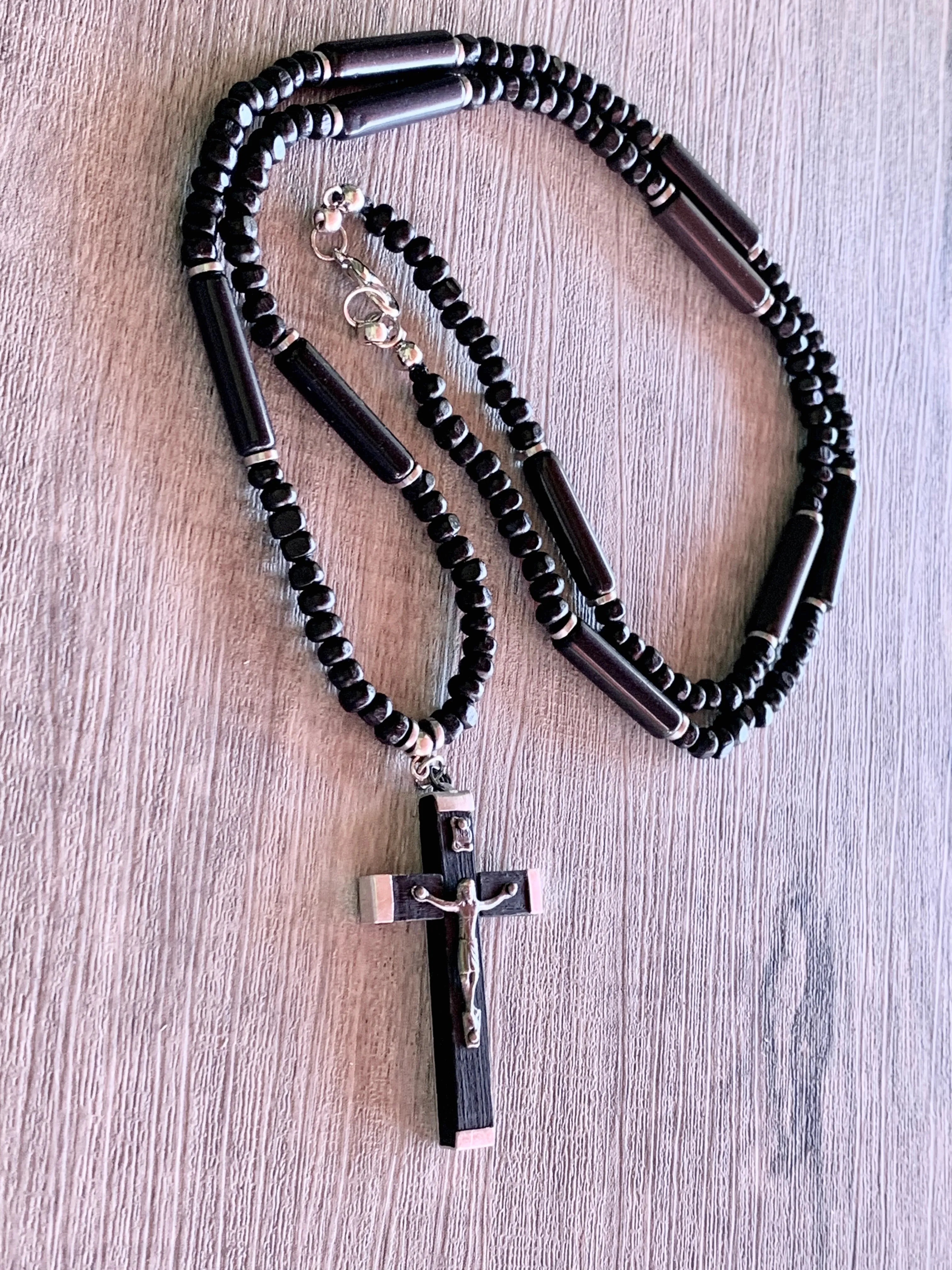 Paulo Handmade Cats Eye, Wood, and Hematite 30" Necklace with a Vintage Cross