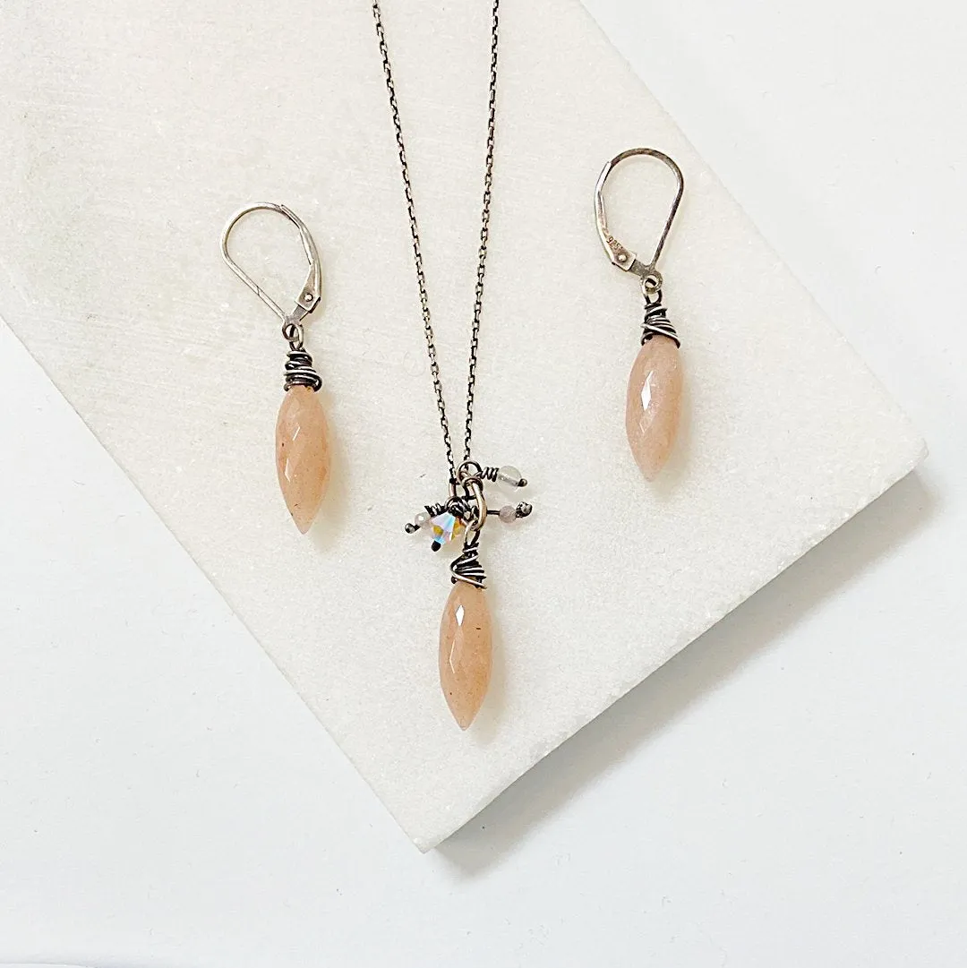 Peach Moonstone Spike Earrings & Necklace Set