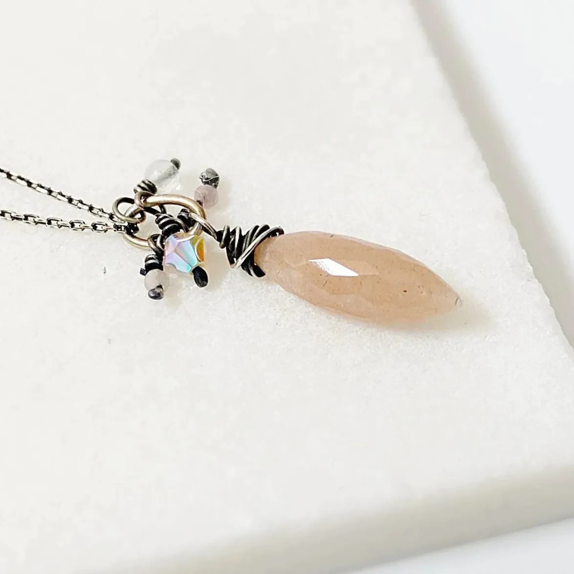 Peach Moonstone Spike Earrings & Necklace Set