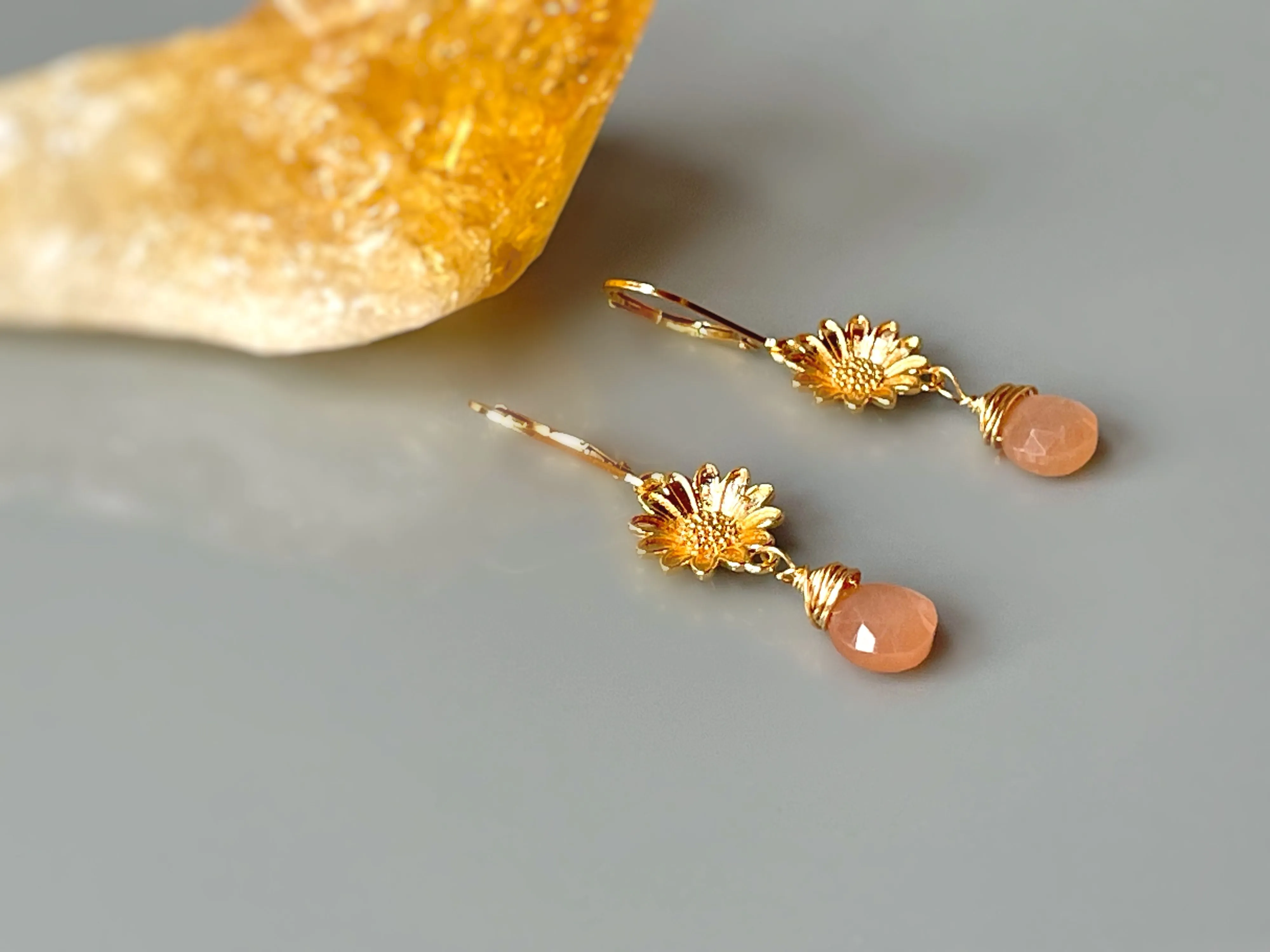 Peach Moonstone Sunflower Earrings