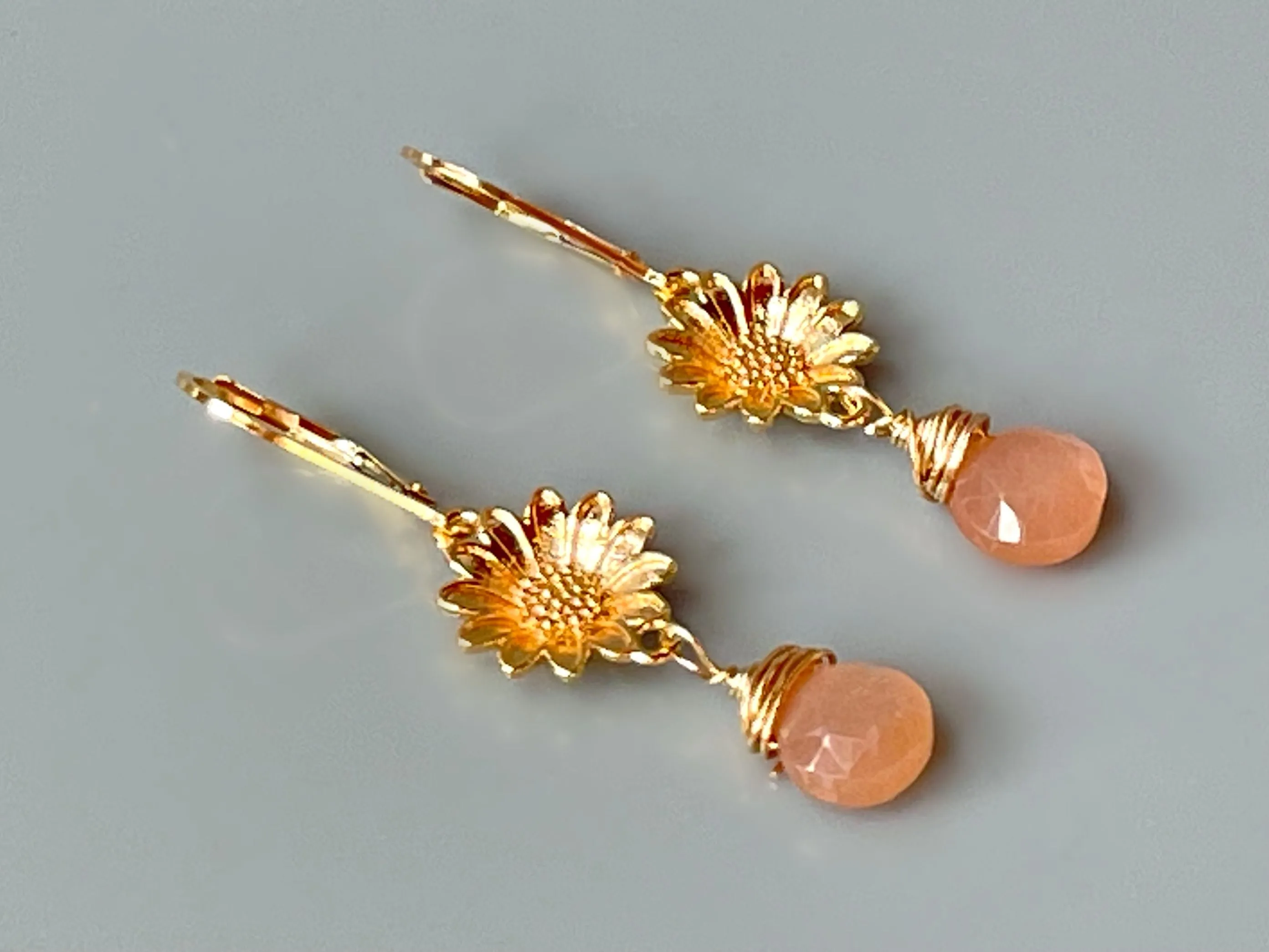 Peach Moonstone Sunflower Earrings