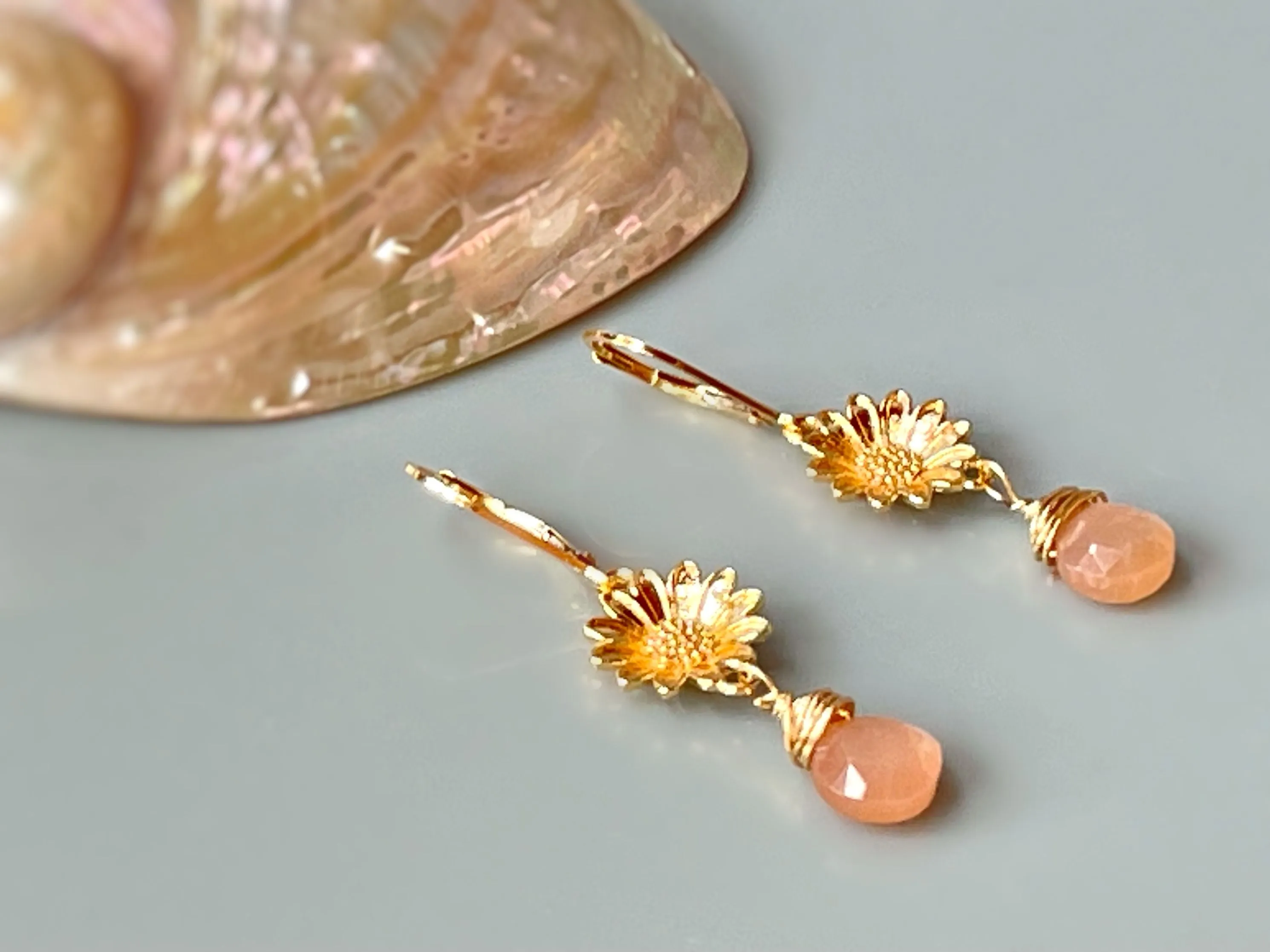 Peach Moonstone Sunflower Earrings