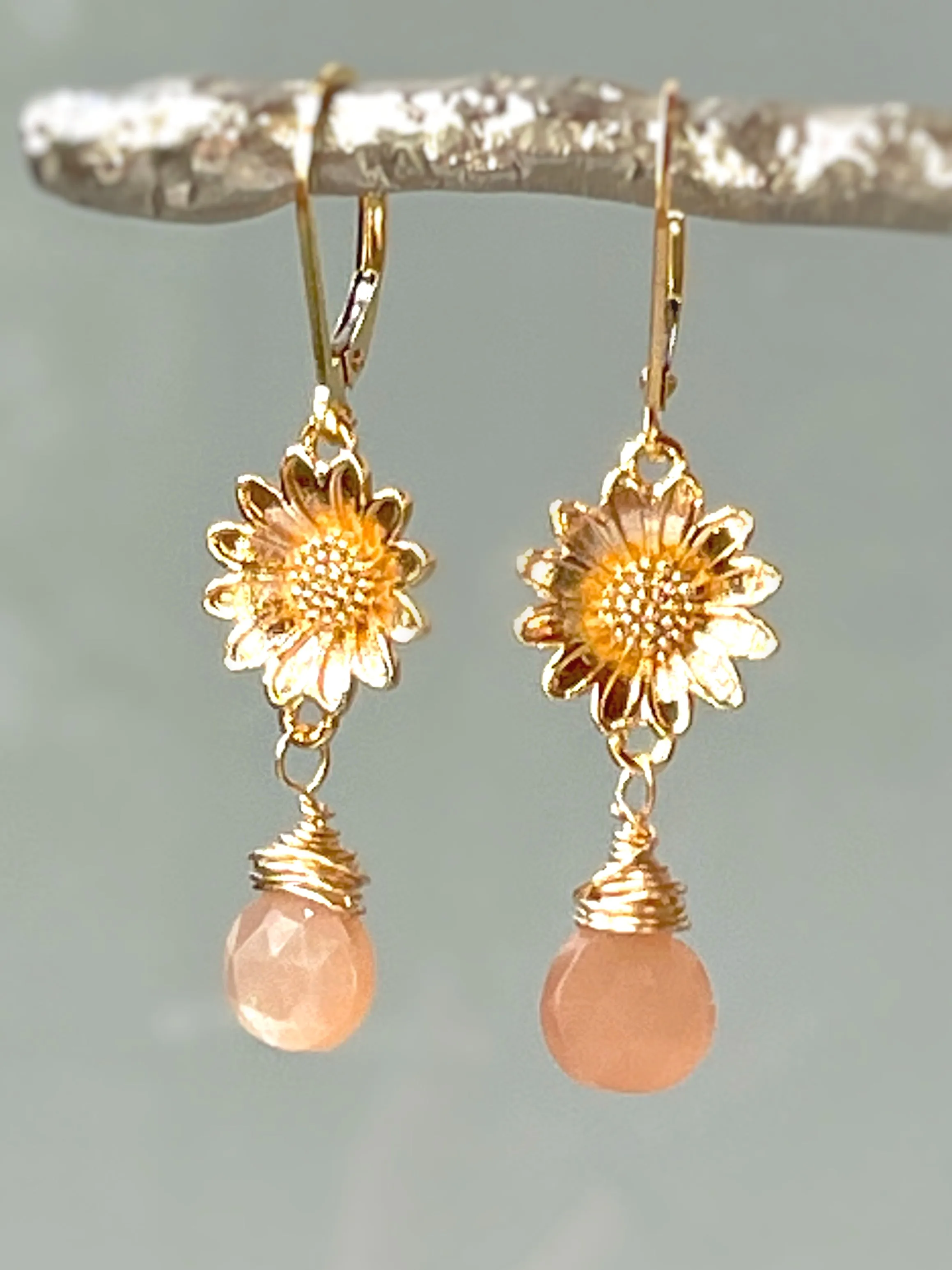 Peach Moonstone Sunflower Earrings