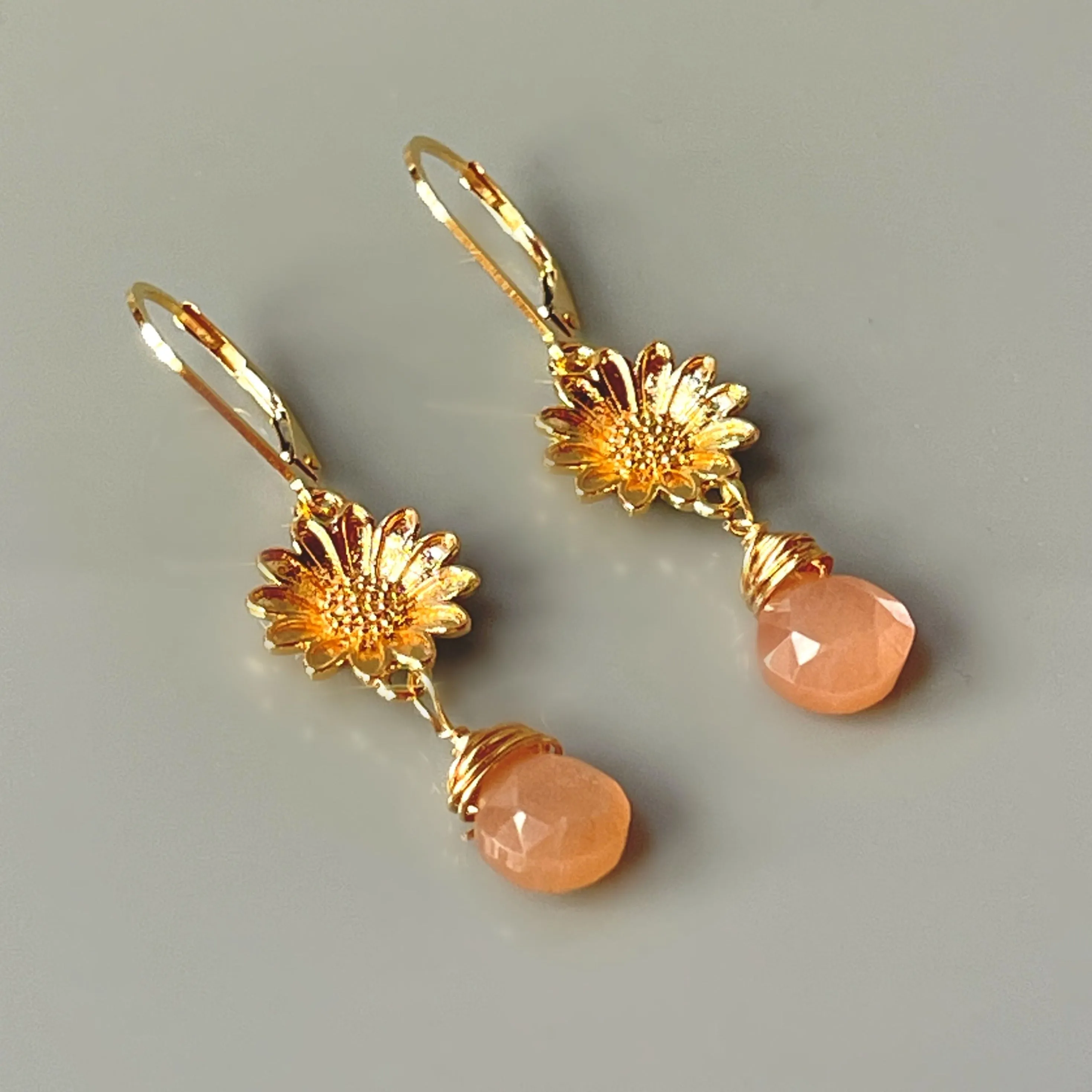 Peach Moonstone Sunflower Earrings