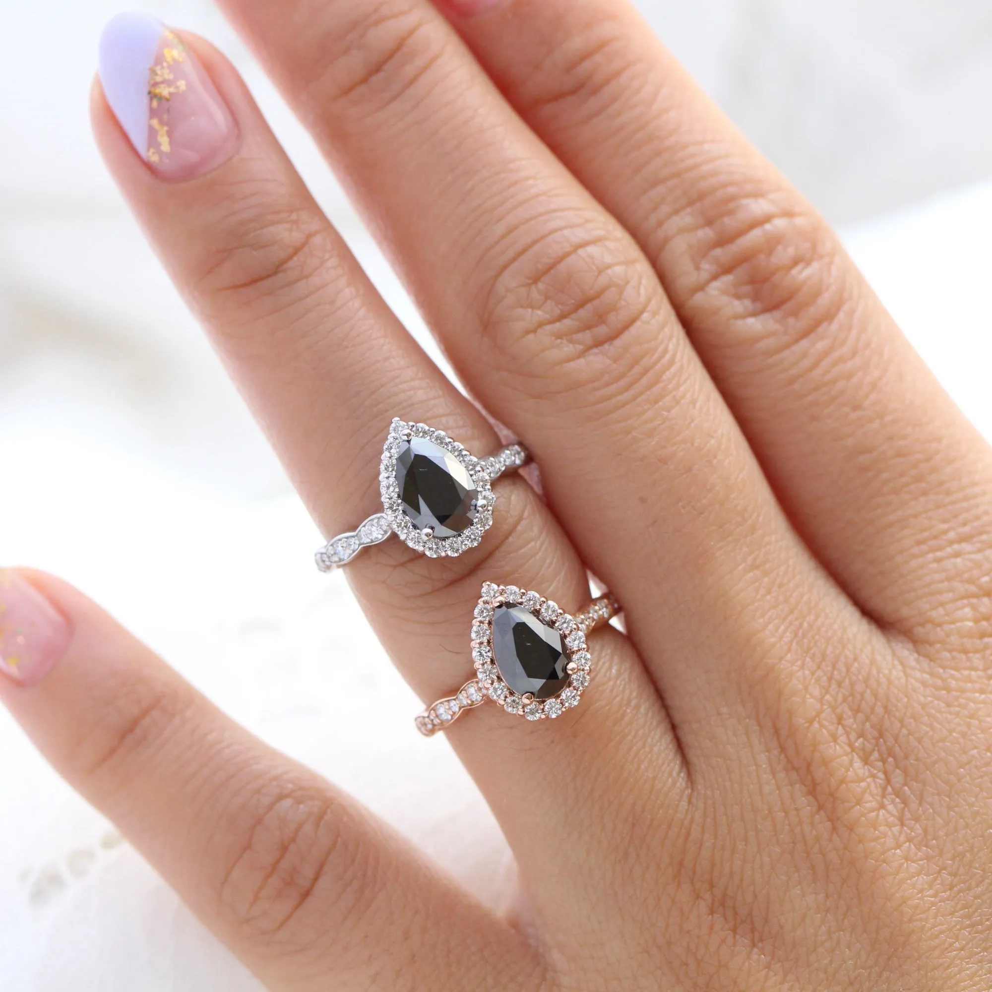 Pear Black Diamond Engagement Ring in Luna Halo Scalloped Diamond Band