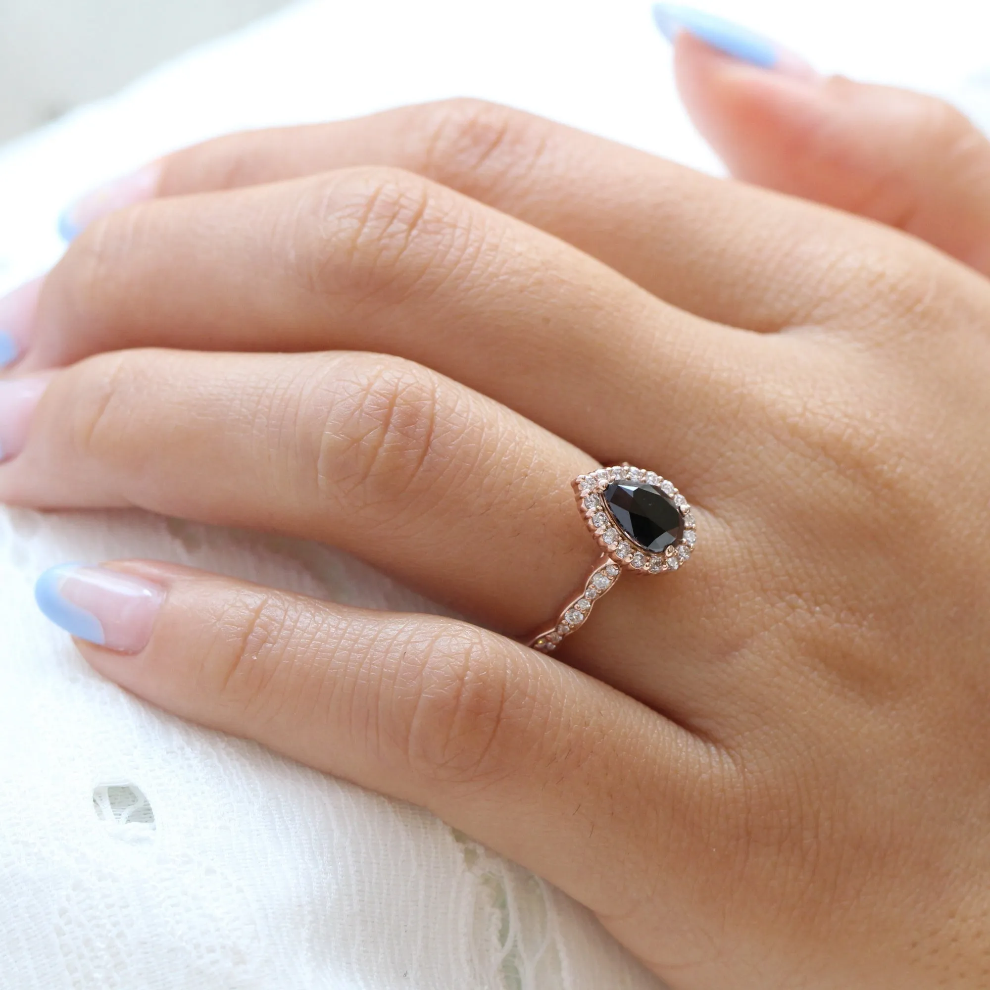 Pear Black Diamond Engagement Ring in Luna Halo Scalloped Diamond Band