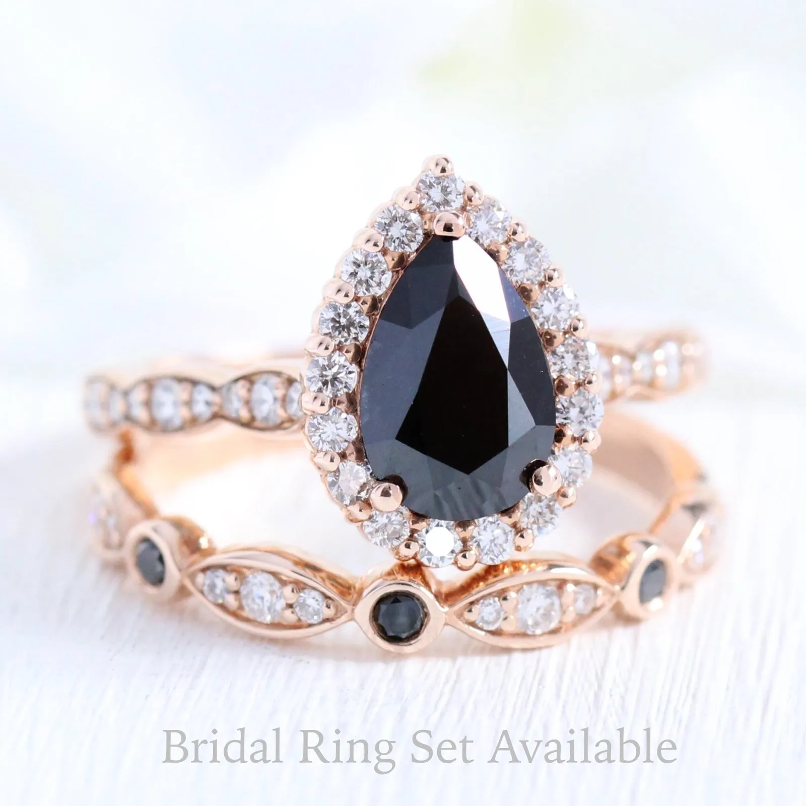 Pear Black Diamond Engagement Ring in Luna Halo Scalloped Diamond Band