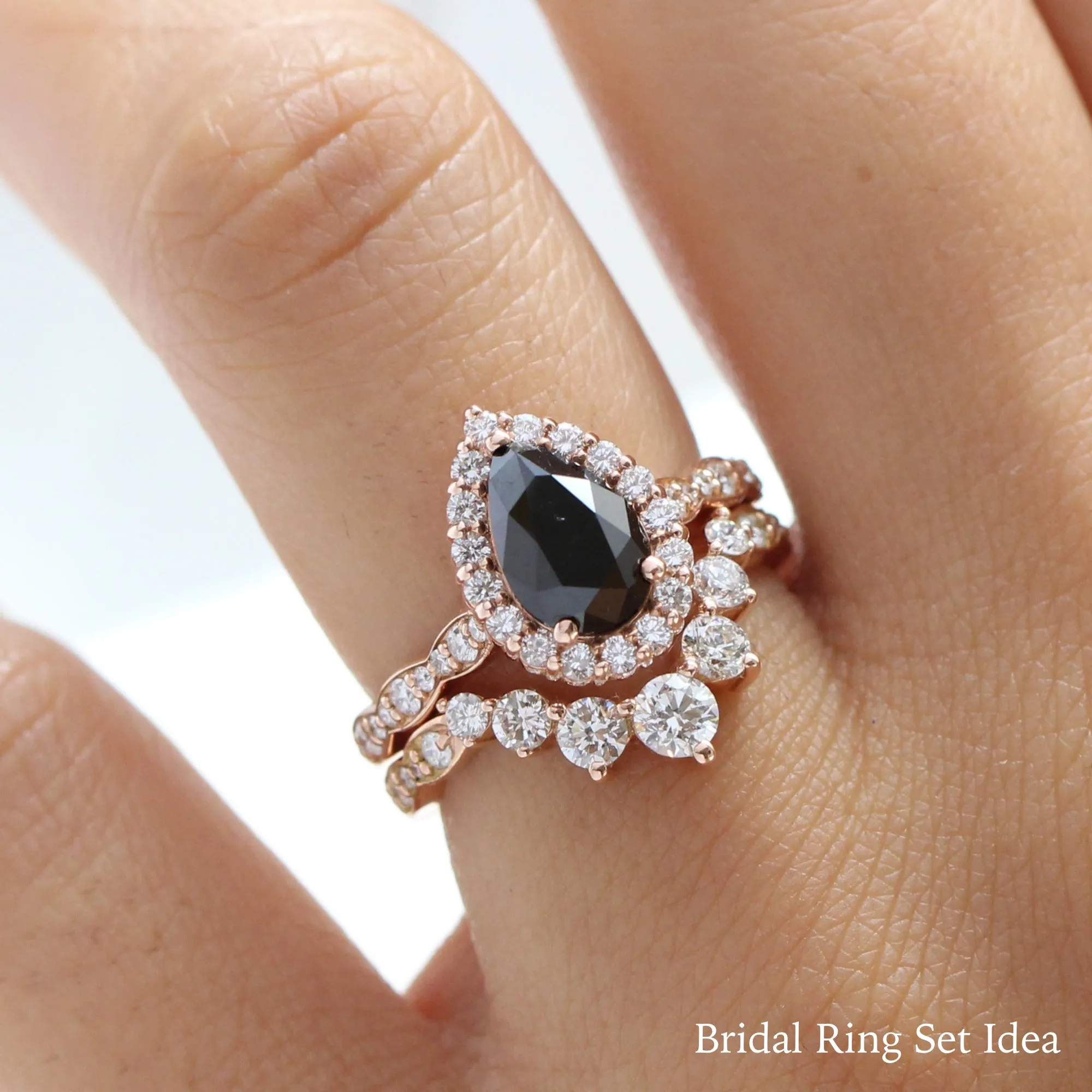 Pear Black Diamond Engagement Ring in Luna Halo Scalloped Diamond Band