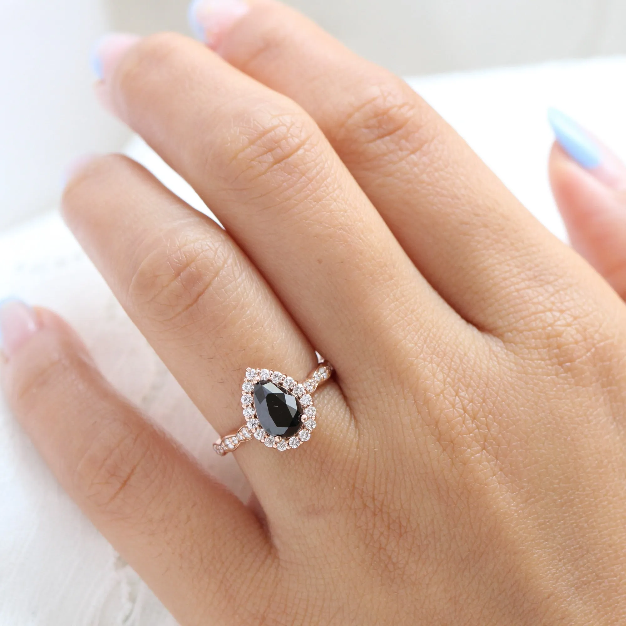 Pear Black Diamond Engagement Ring in Luna Halo Scalloped Diamond Band