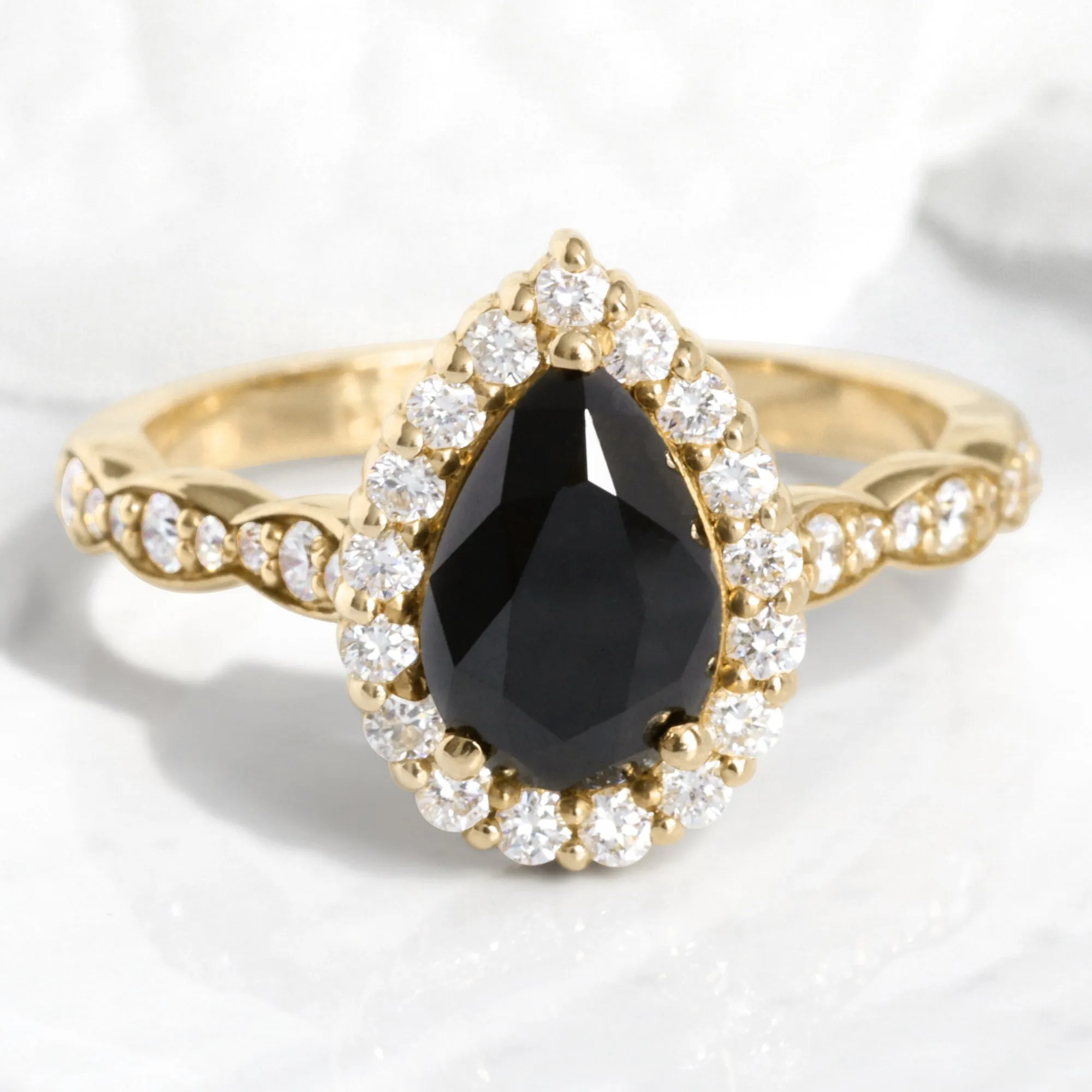 Pear Black Diamond Engagement Ring in Luna Halo Scalloped Diamond Band