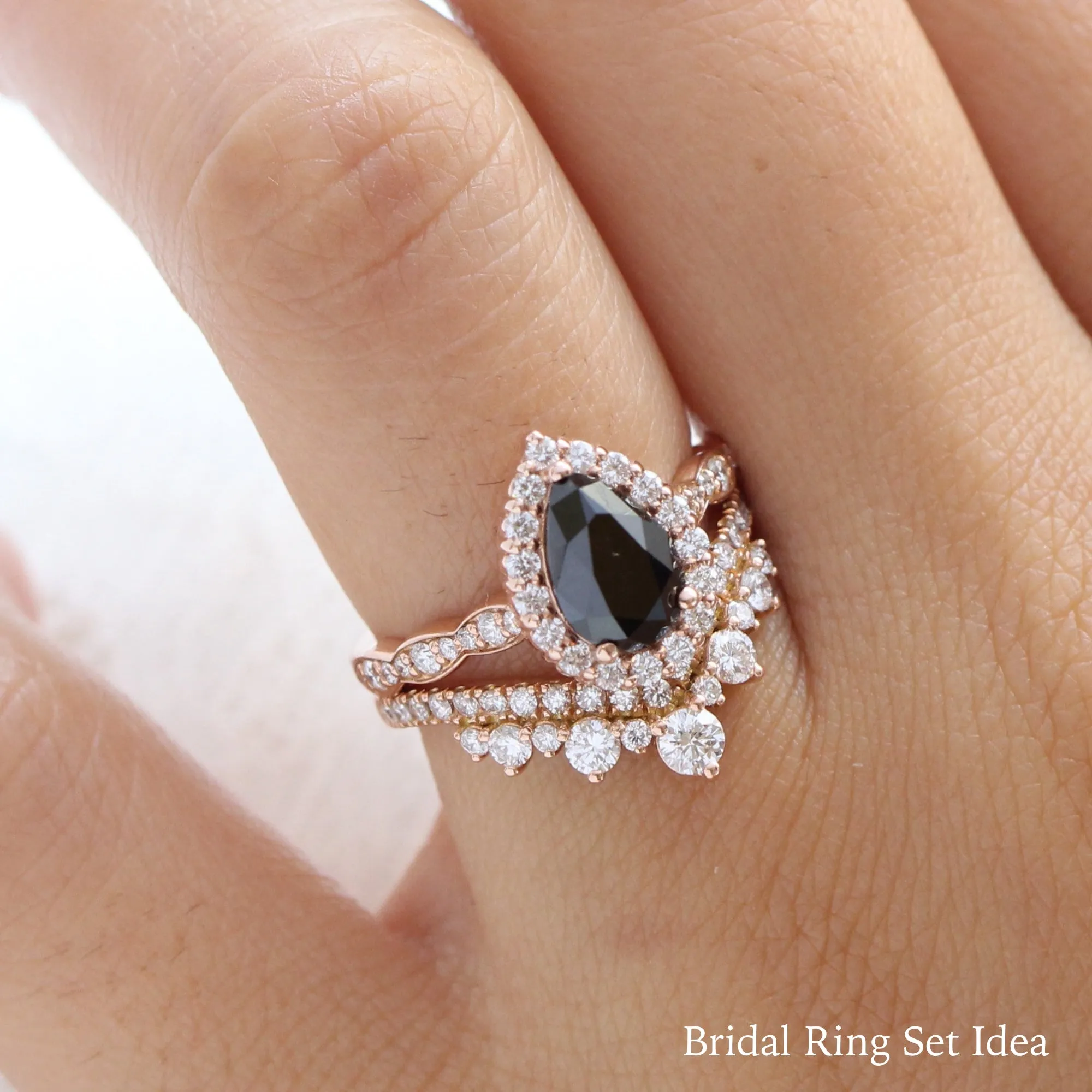 Pear Black Diamond Engagement Ring in Luna Halo Scalloped Diamond Band