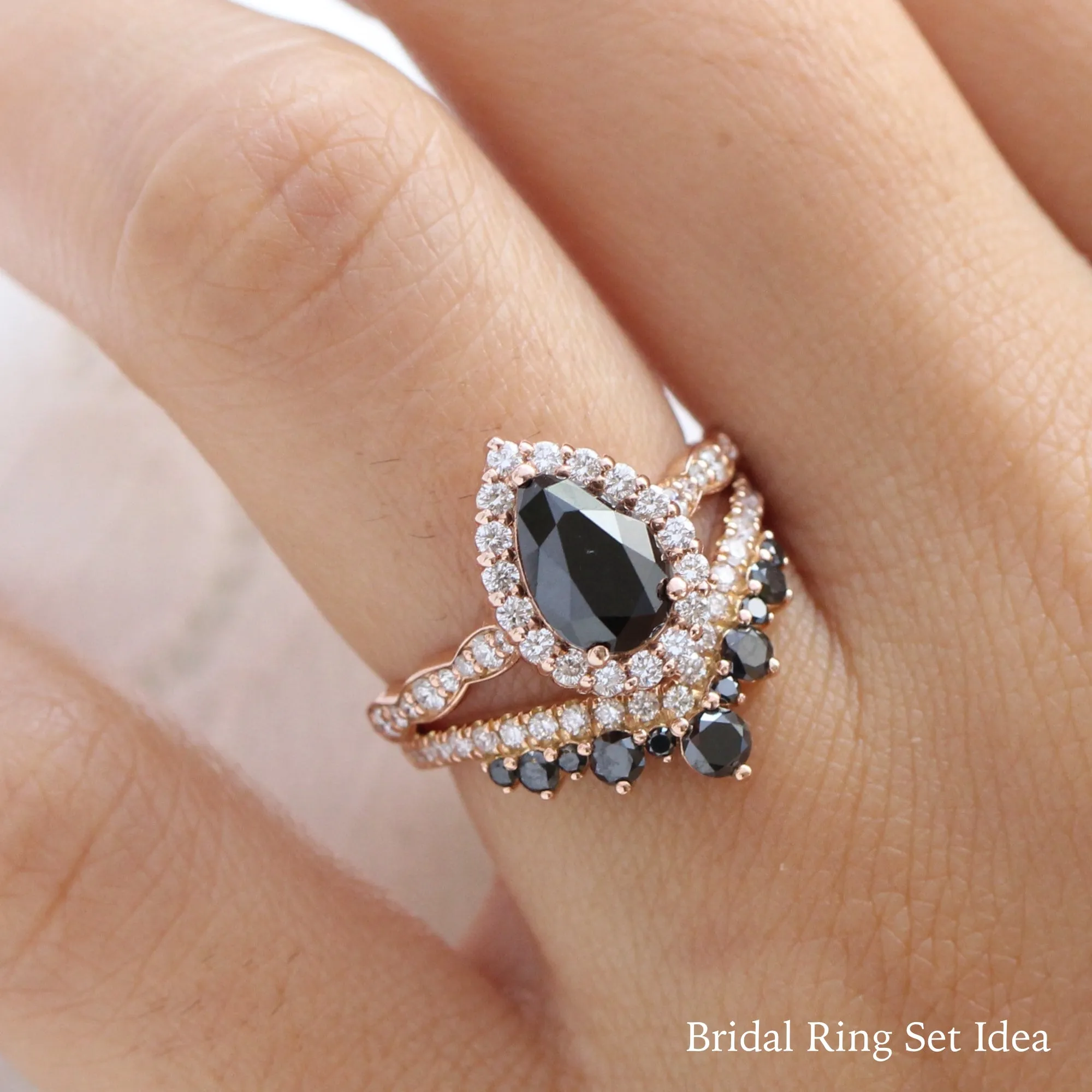 Pear Black Diamond Engagement Ring in Luna Halo Scalloped Diamond Band