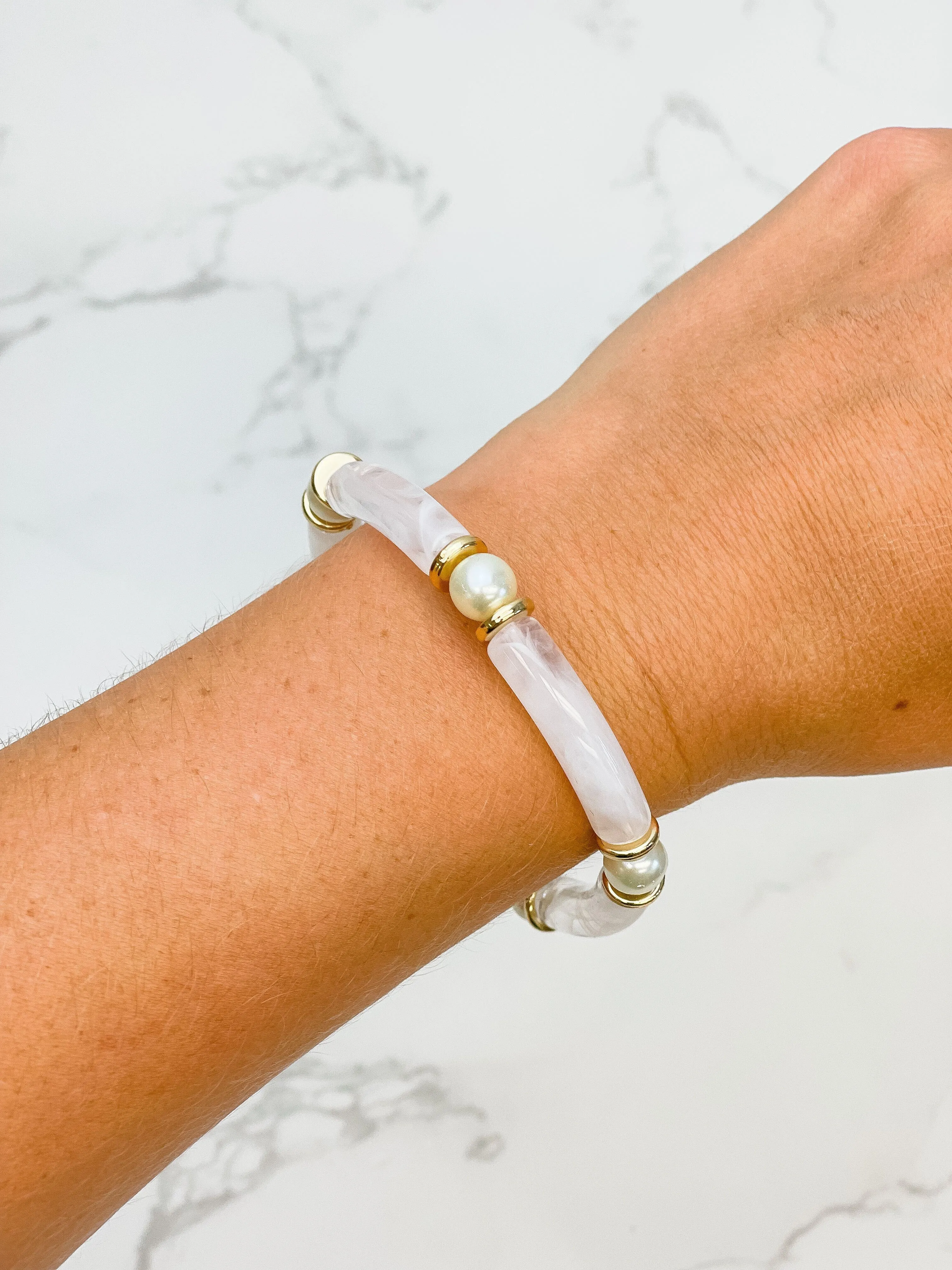 Pearl Beaded Acrylic Tube Bracelet - White