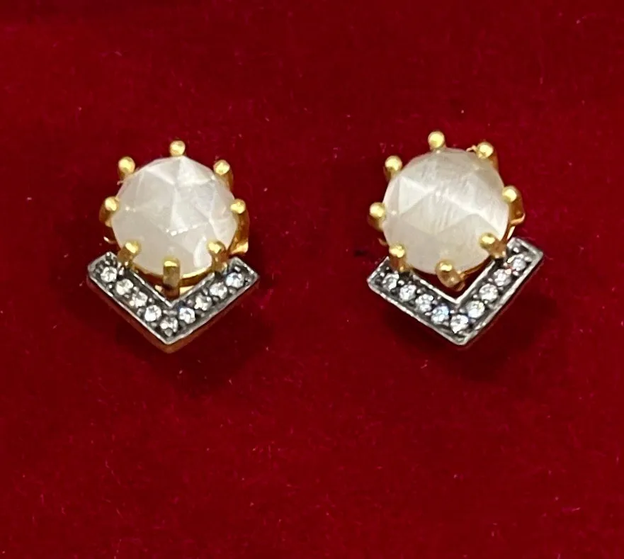 Petite White Moonstone and Rhodium Gold Stud Earrings