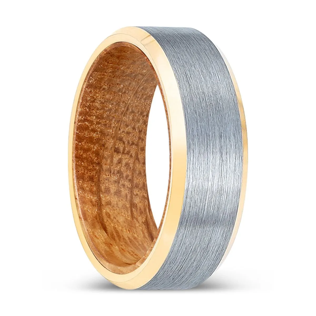 PINESCAR | Whiskey Barrel Wood, Brushed, Silver Tungsten Ring, Gold Beveled Edges