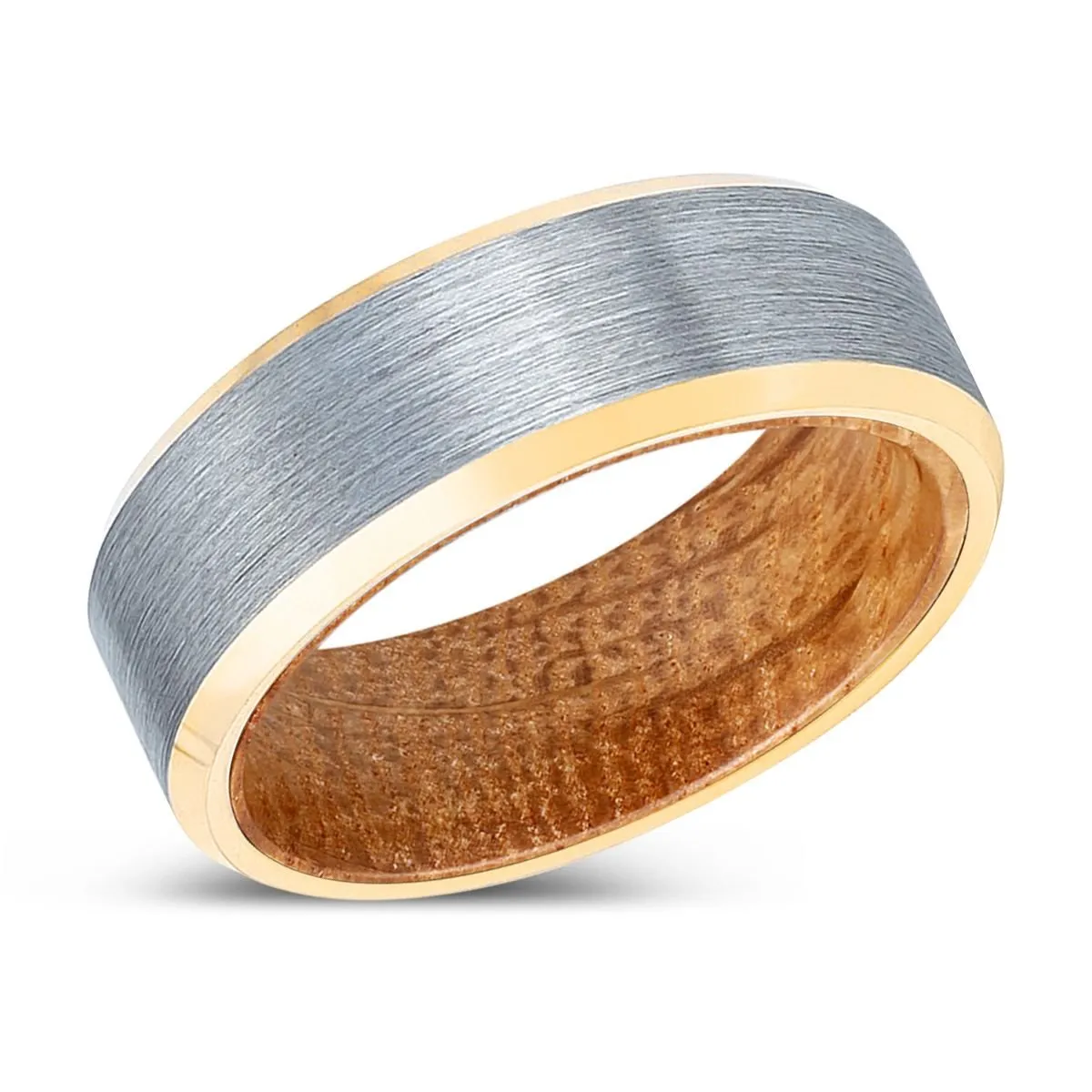 PINESCAR | Whiskey Barrel Wood, Brushed, Silver Tungsten Ring, Gold Beveled Edges