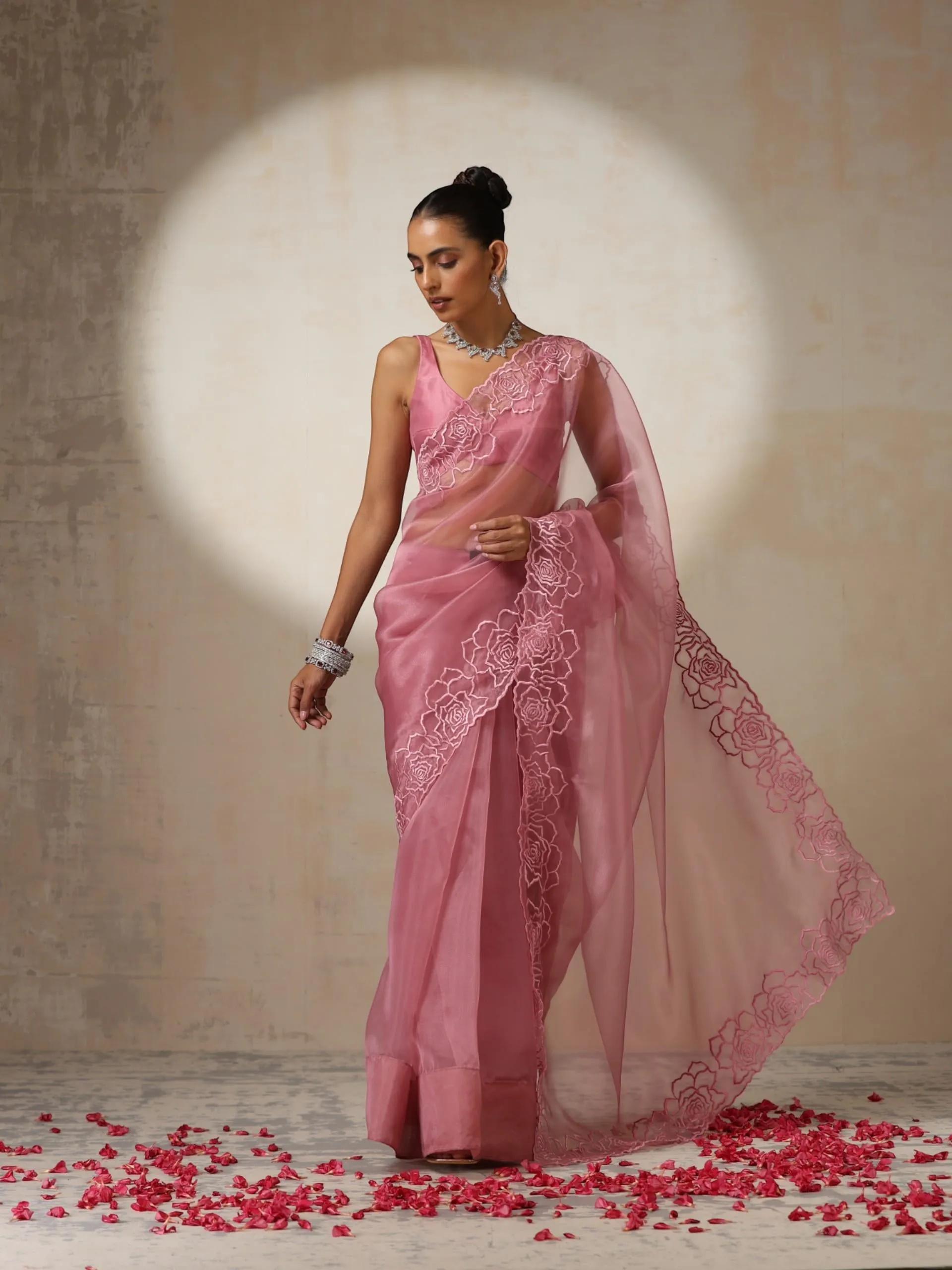 Pink Disney Princess Organza Saree with Embroidery and Blouse Fabric