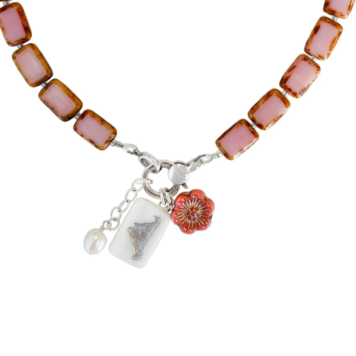 Pink Glass Beaded Charm Holder Necklace