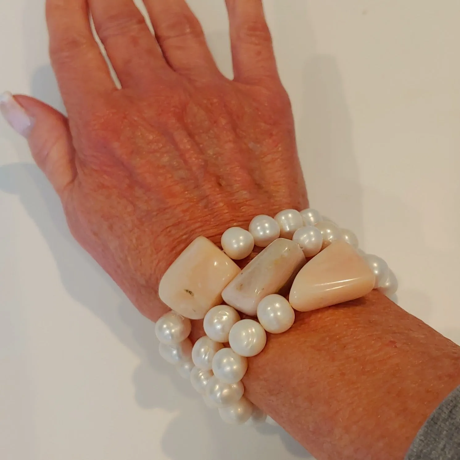 Pink Peruvian Opal & Pearl Stretch Bracelet Choice