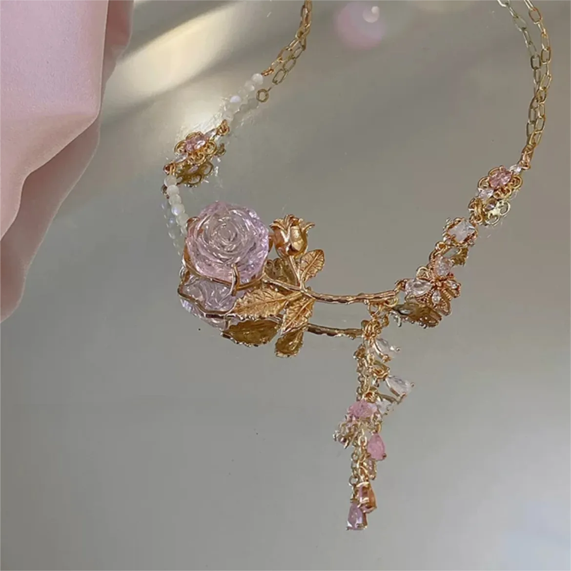 Pink Rose Charm Fritillaria Beaded Chain Y Choker Necklace