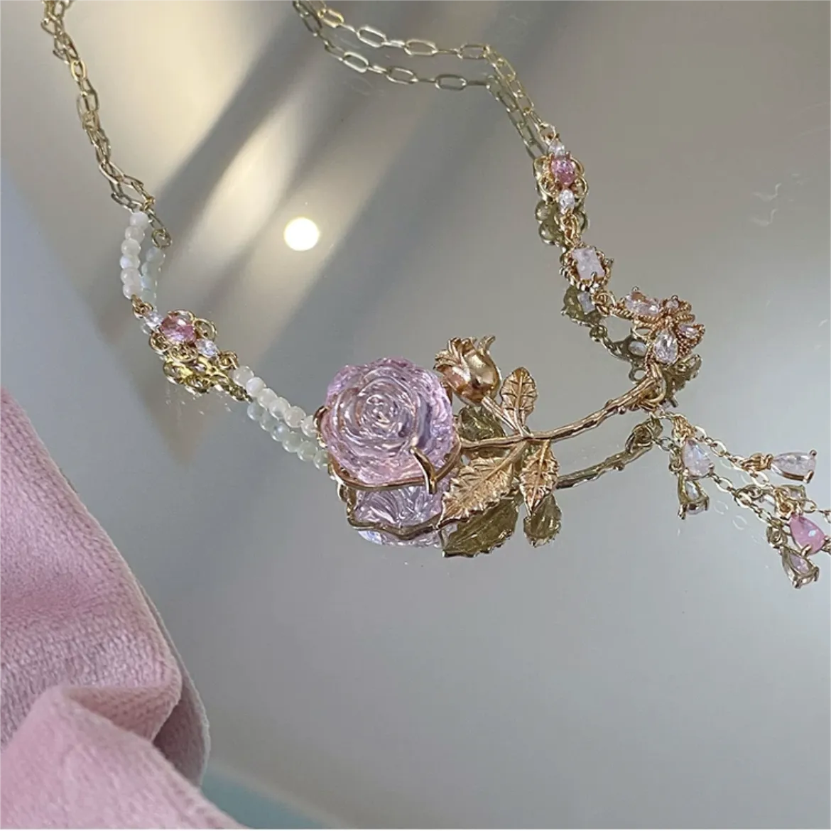 Pink Rose Charm Fritillaria Beaded Chain Y Choker Necklace