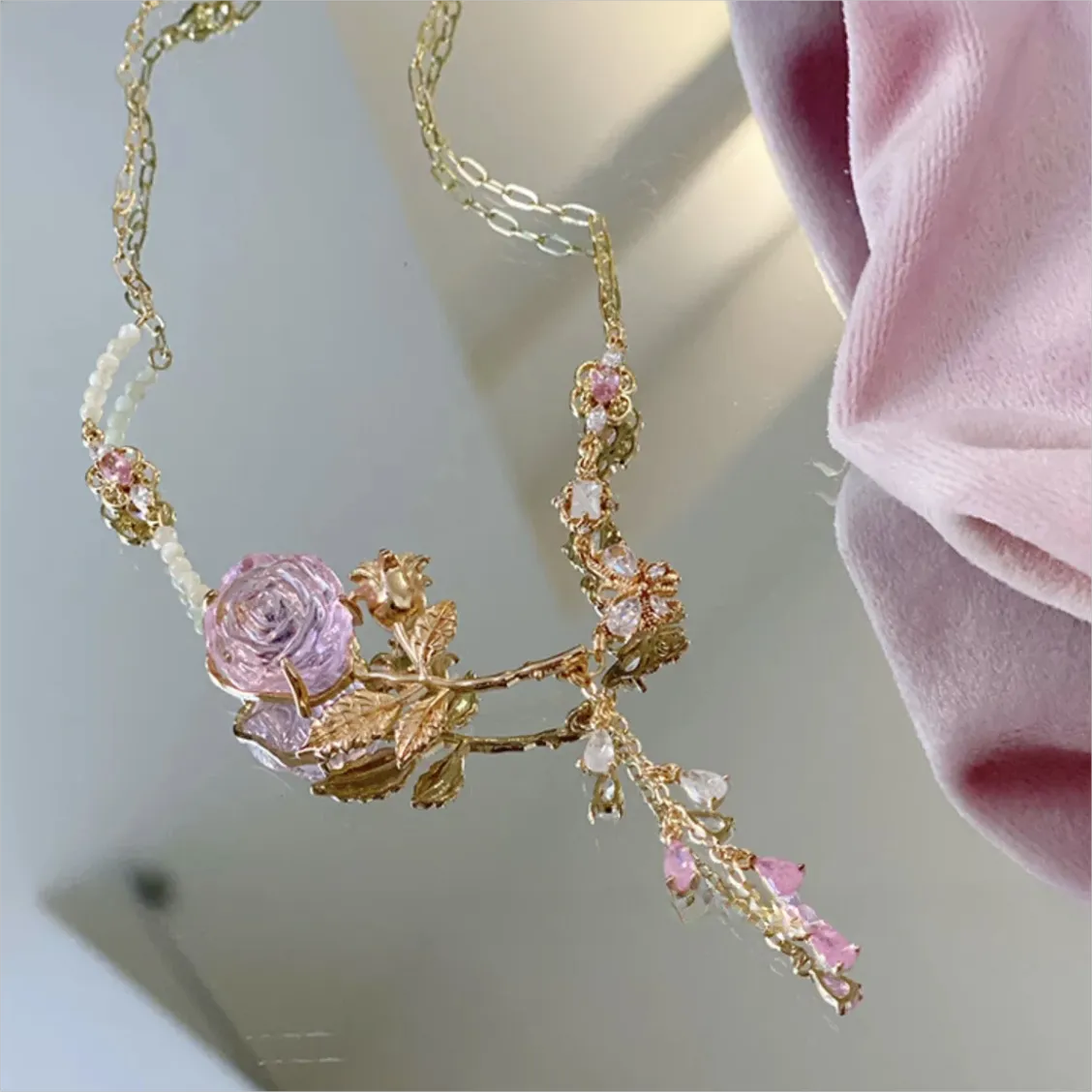 Pink Rose Charm Fritillaria Beaded Chain Y Choker Necklace